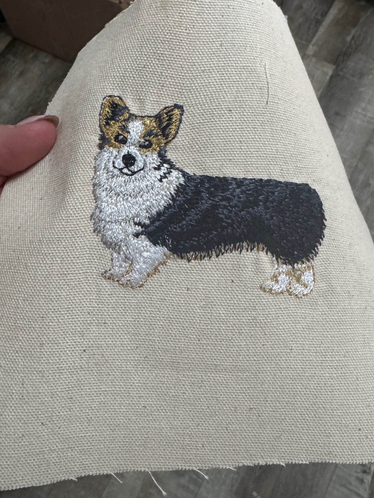 Tri Color Corgi | Machine Embroidered Framed Art | Tabletop Decor