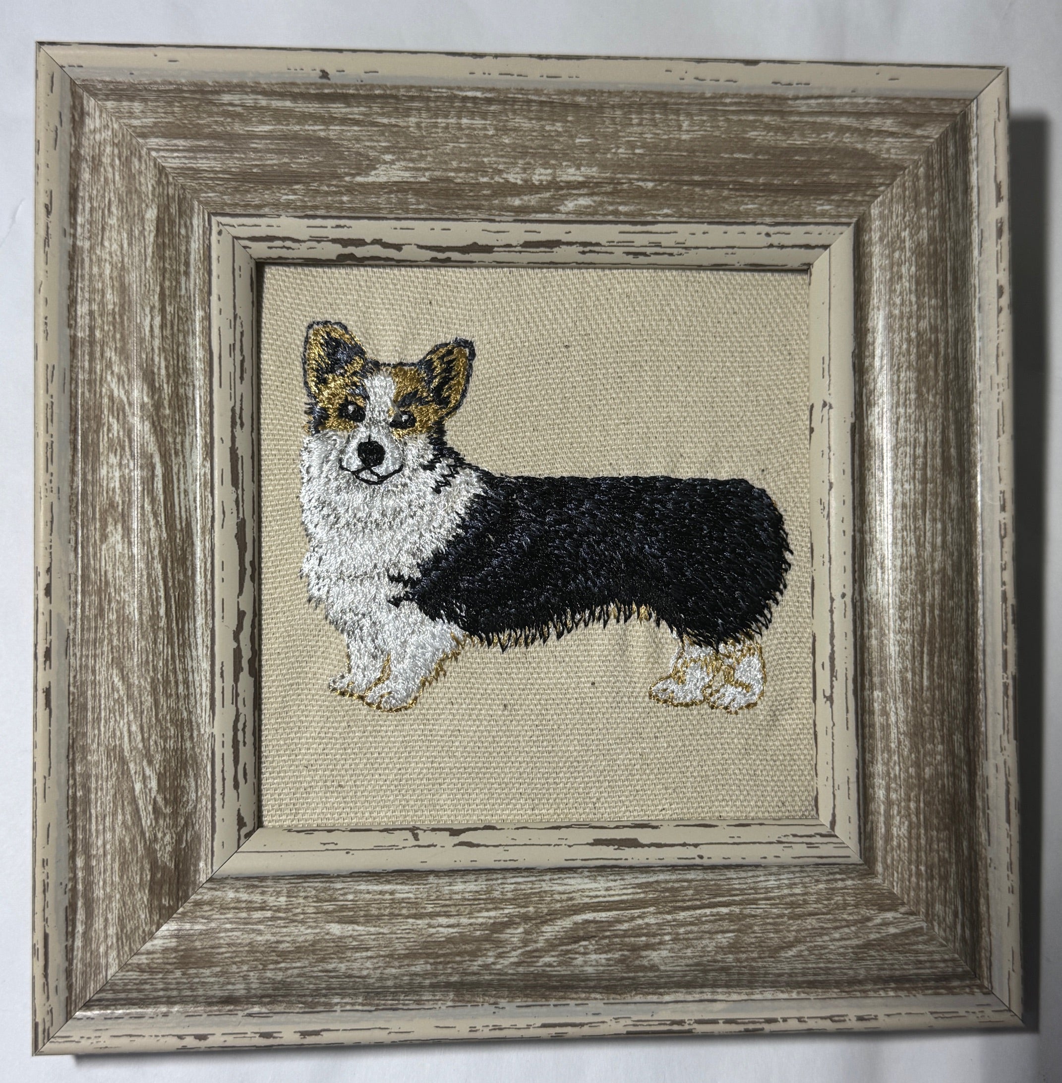 Tri Color Corgi | Machine Embroidered Framed Art | Tabletop Decor