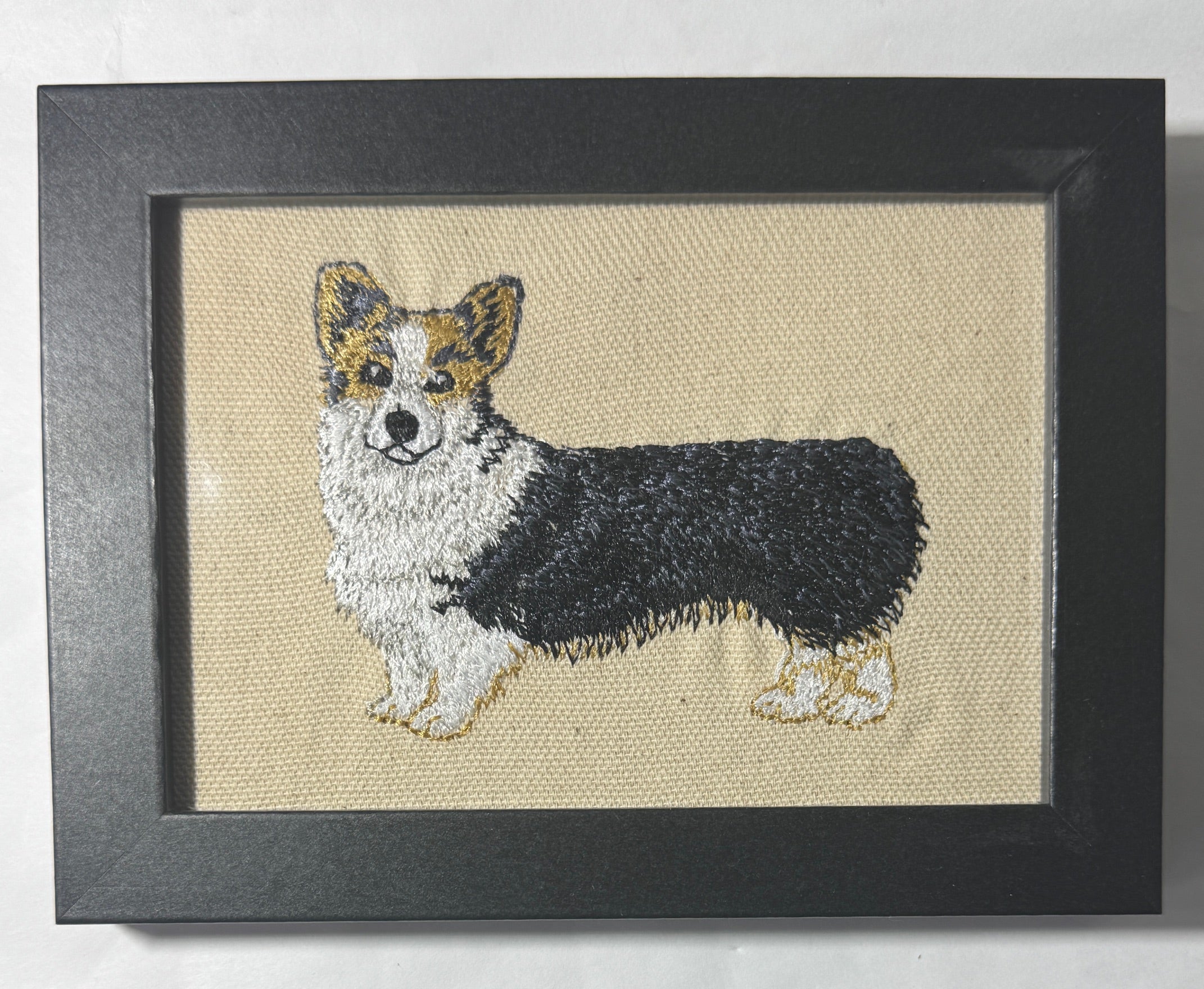 Tri Color Corgi | Machine Embroidered Framed Art | Tabletop Decor