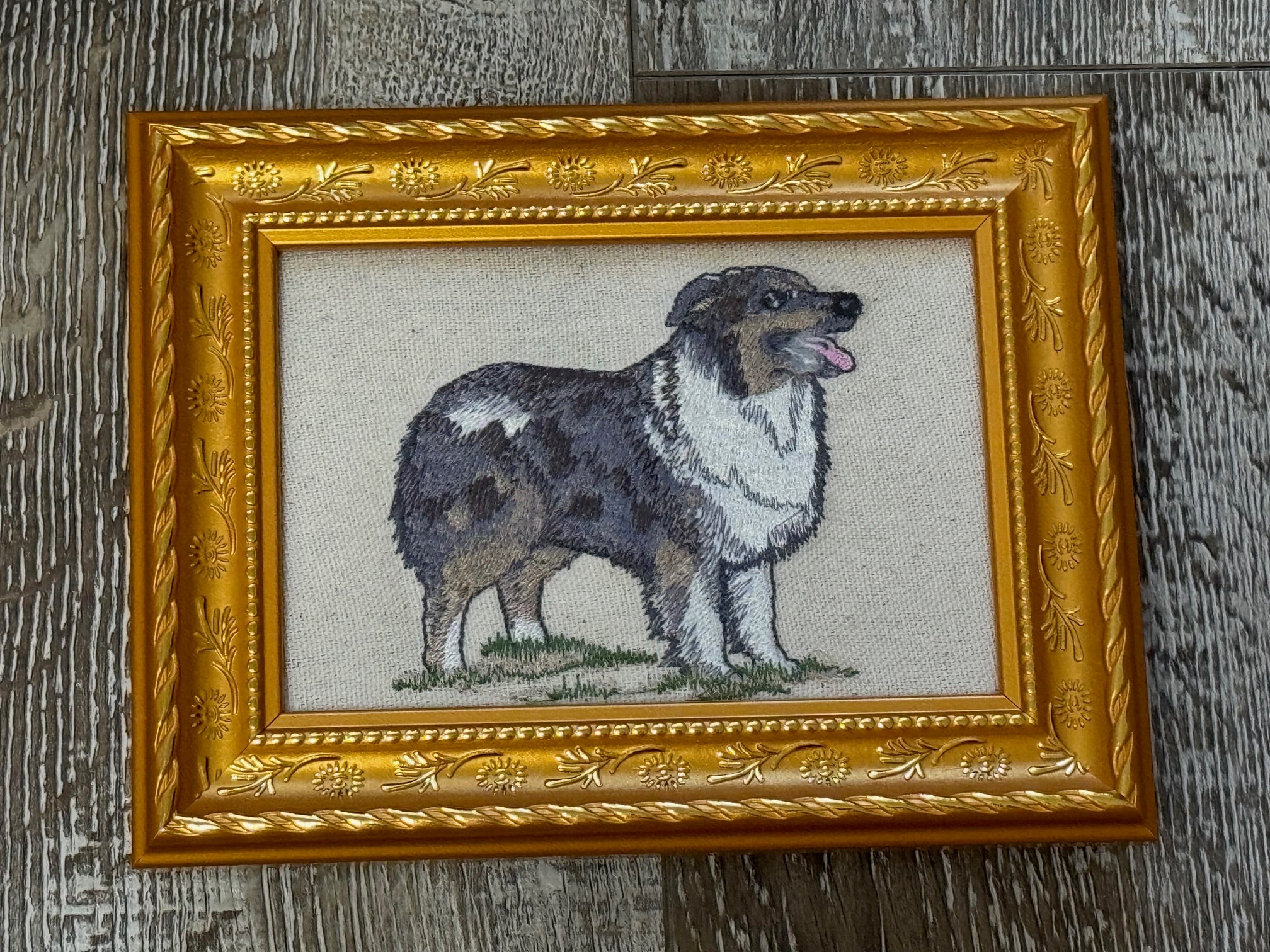 Australian Shepherd Machine Embroidered Framed Art | Tabletop Decor