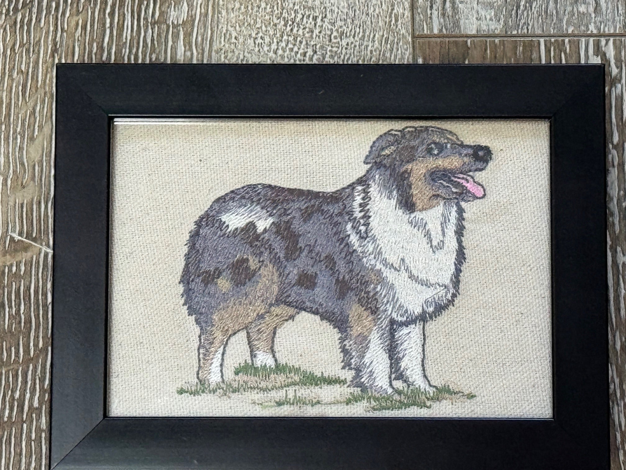 Australian Shepherd Machine Embroidered Framed Art | Tabletop Decor