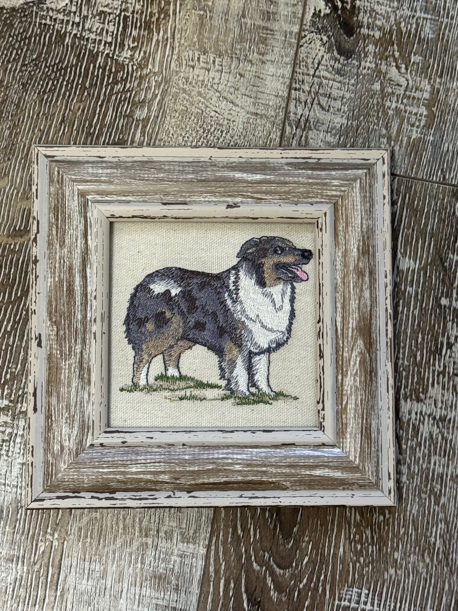Australian Shepherd Machine Embroidered Framed Art | Tabletop Decor
