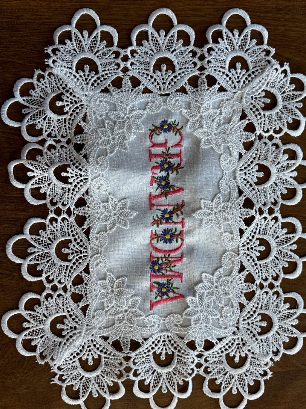 Grandma Doily machine embroidered 16 x 12" Unique Table top Decor For Special Lady