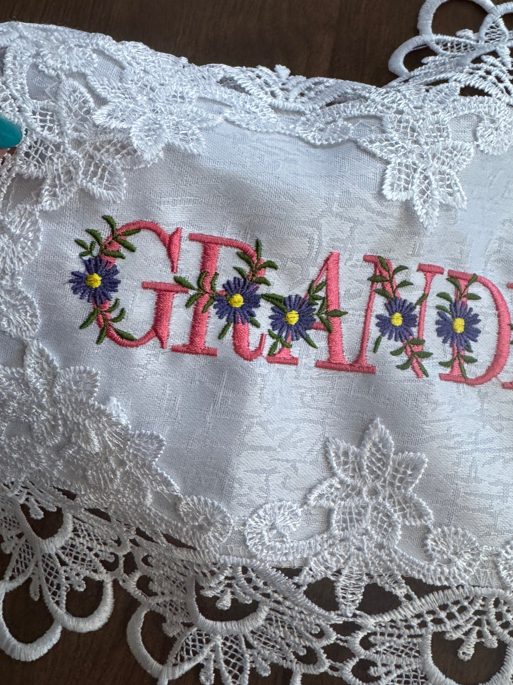 Grandma Doily machine embroidered 16 x 12" Unique Table top Decor For Special Lady