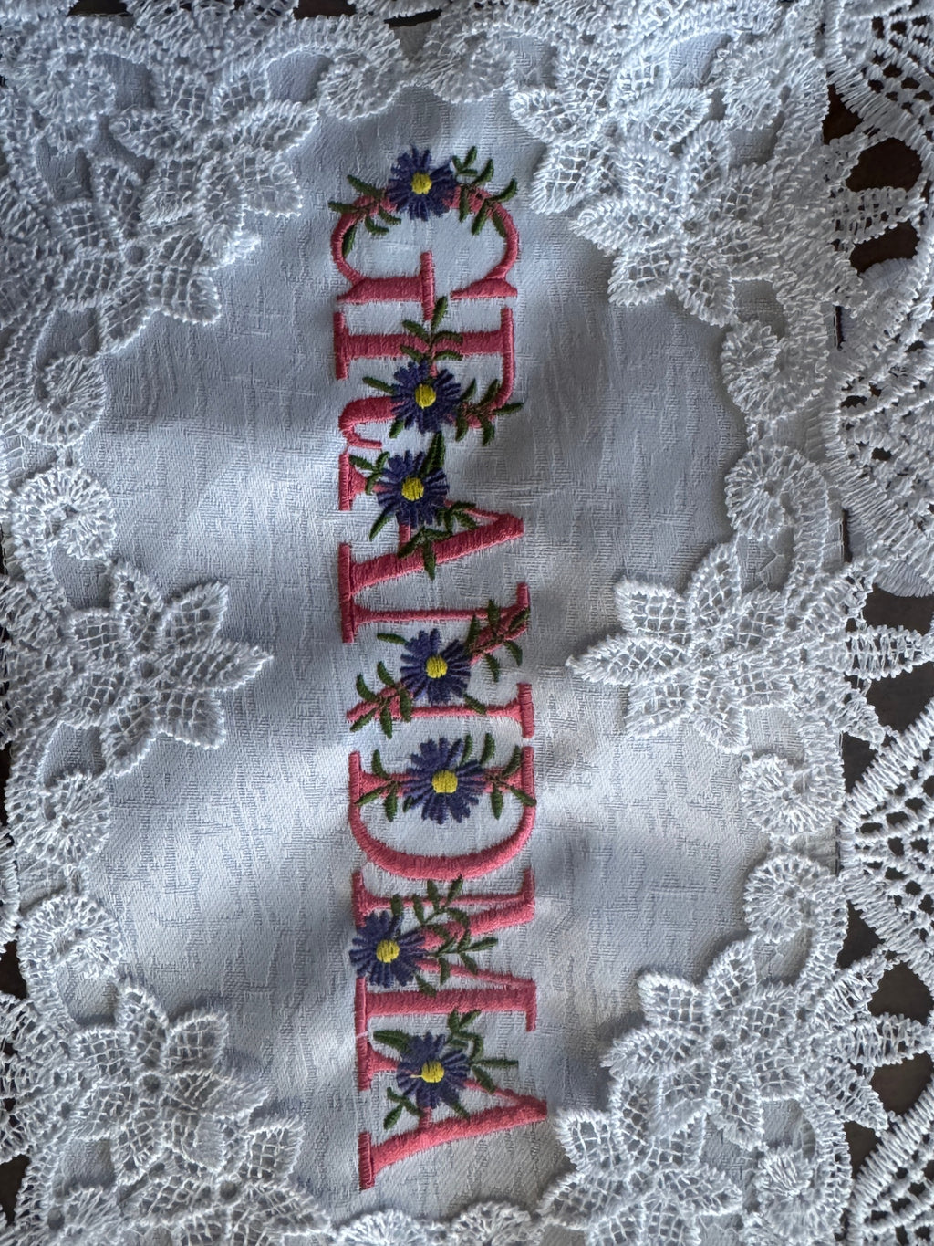 Grandma Doily machine embroidered 16 x 12" Unique Table top Decor For Special Lady