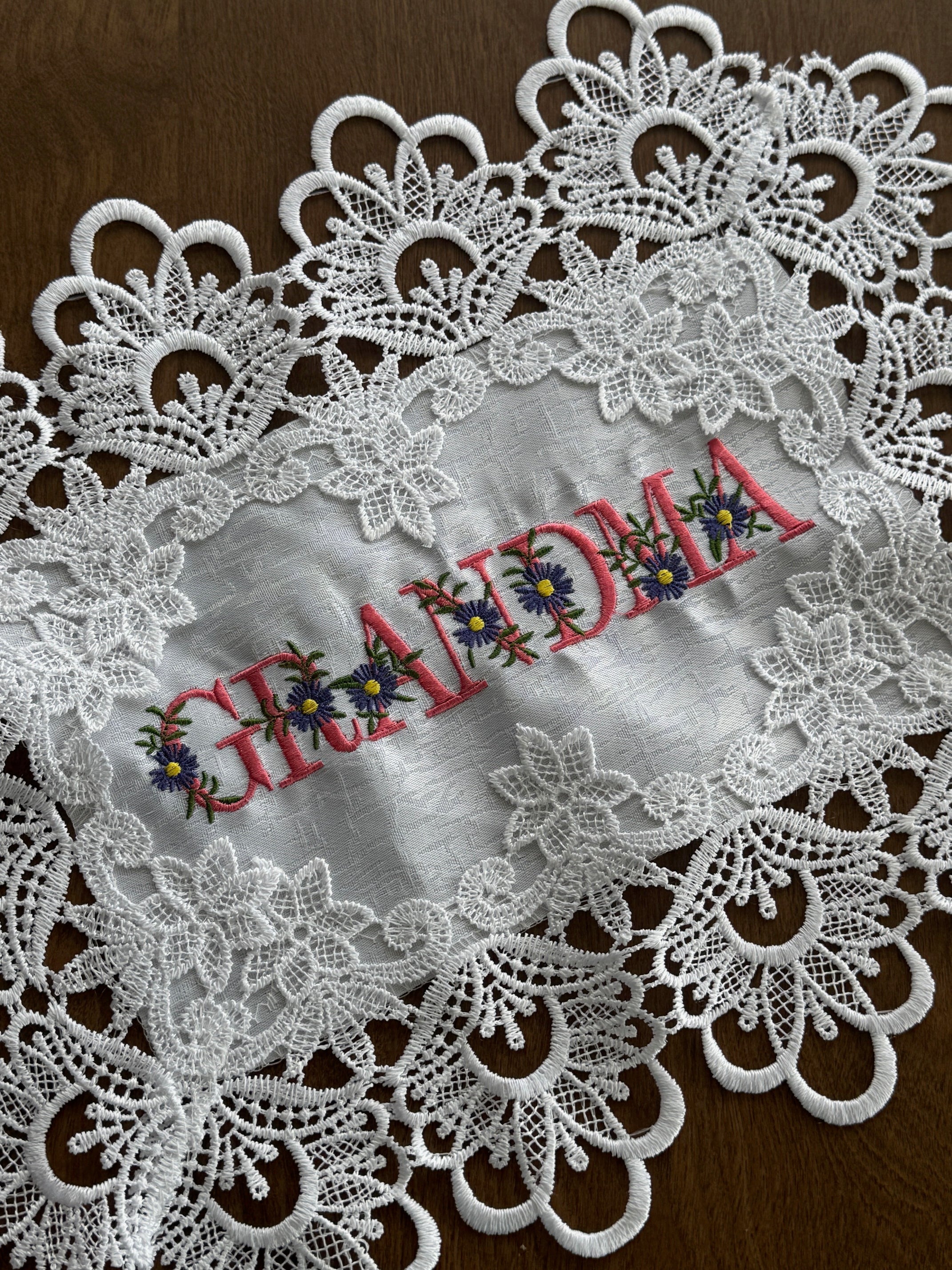 Grandma Doily machine embroidered 16 x 12" Unique Table top Decor For Special Lady