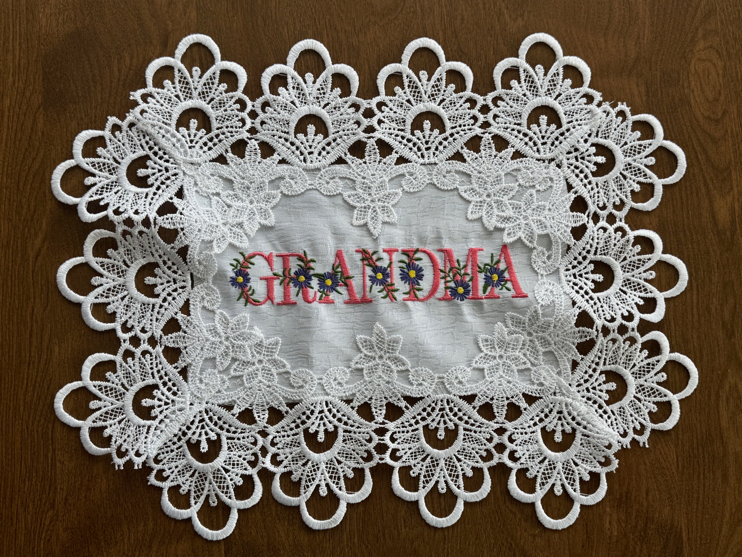 Grandma Doily machine embroidered 16 x 12" Unique Table top Decor For Special Lady