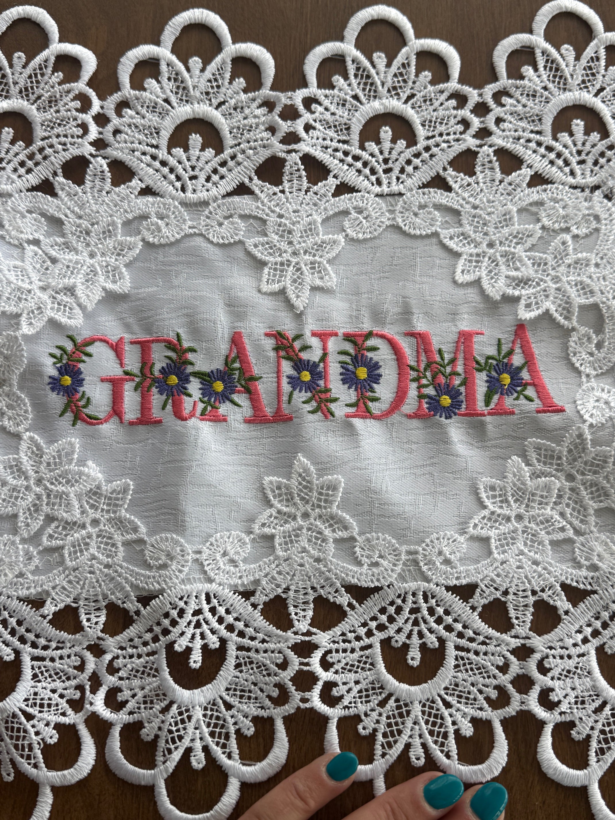 Grandma Doily machine embroidered 16 x 12" Unique Table top Decor For Special Lady