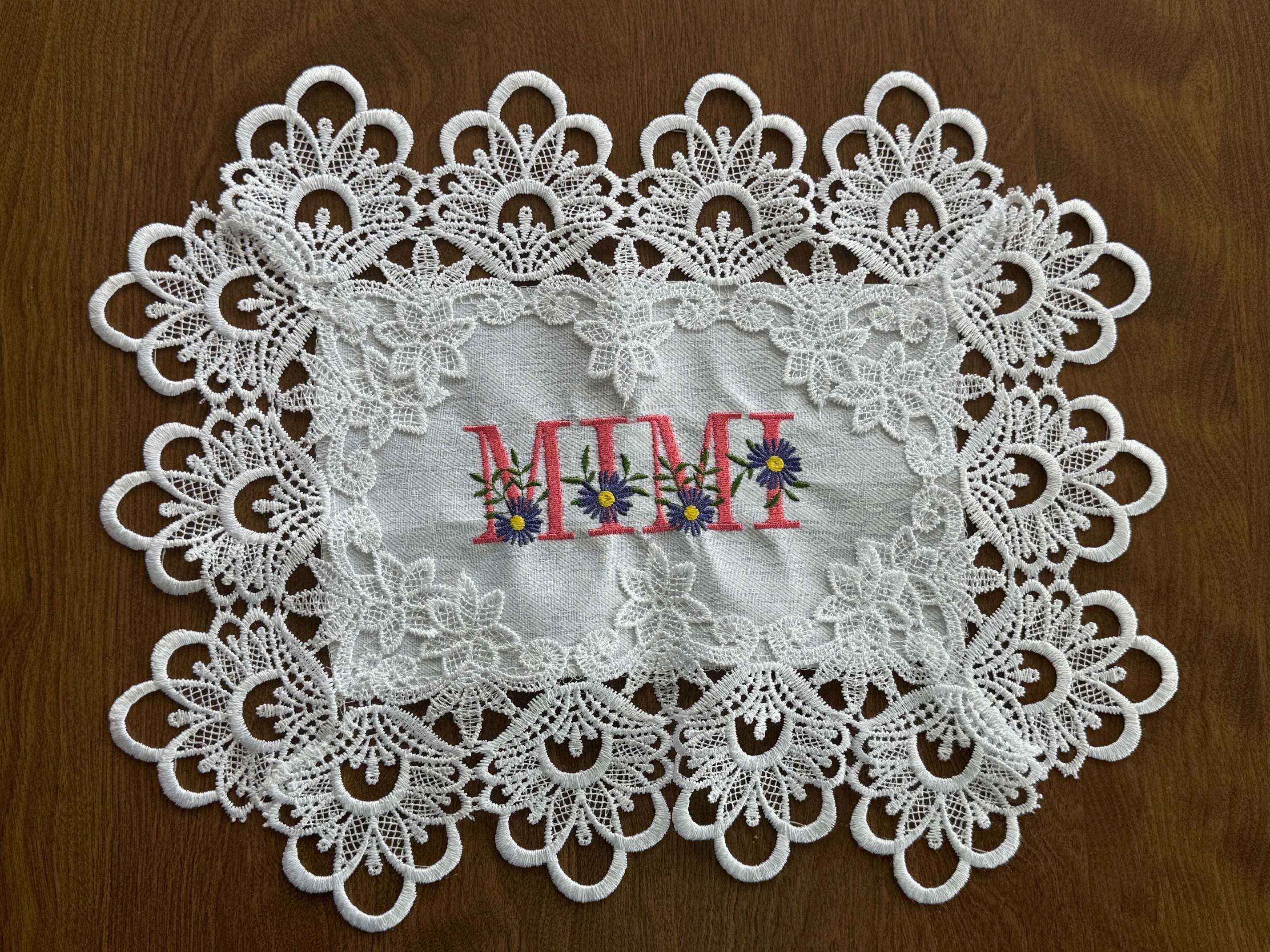 Mimi Doily machine embroidered 16 x 12" Unique Tabletop Decor! Gift for Grandma
