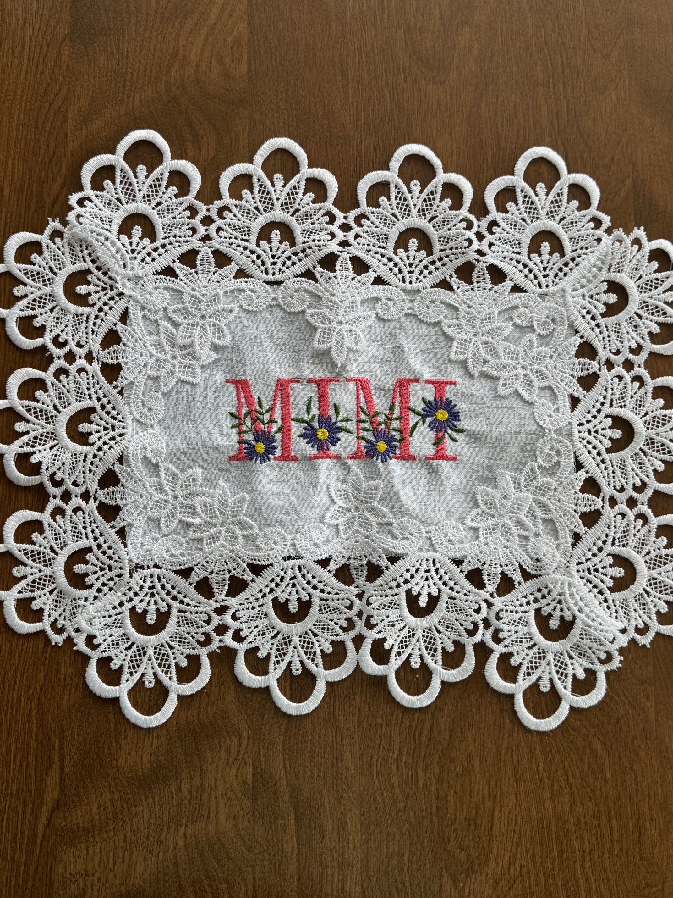 Mimi Doily machine embroidered 16 x 12" Unique Tabletop Decor! Gift for Grandma