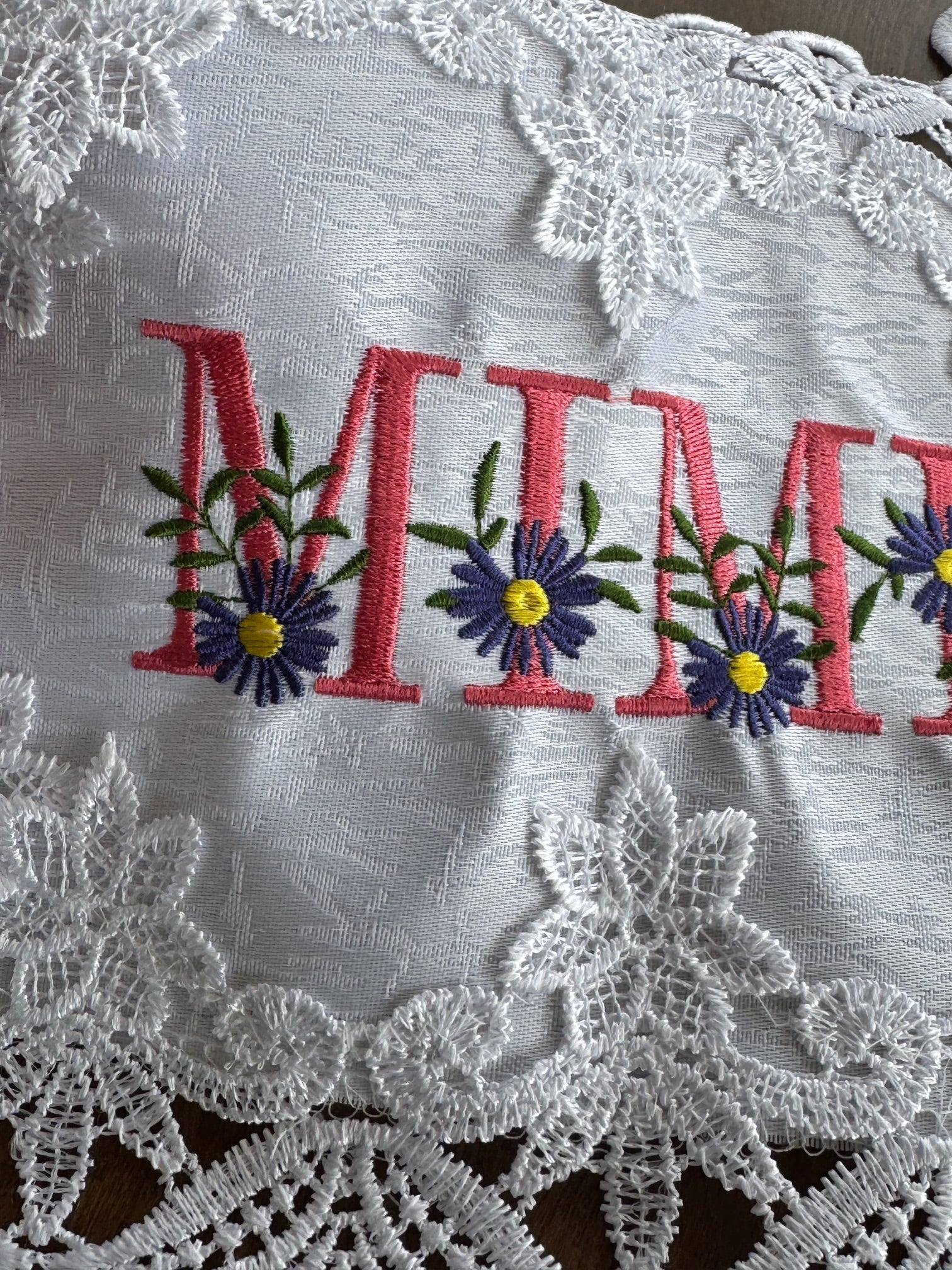 Mimi Doily machine embroidered 16 x 12" Unique Tabletop Decor! Gift for Grandma