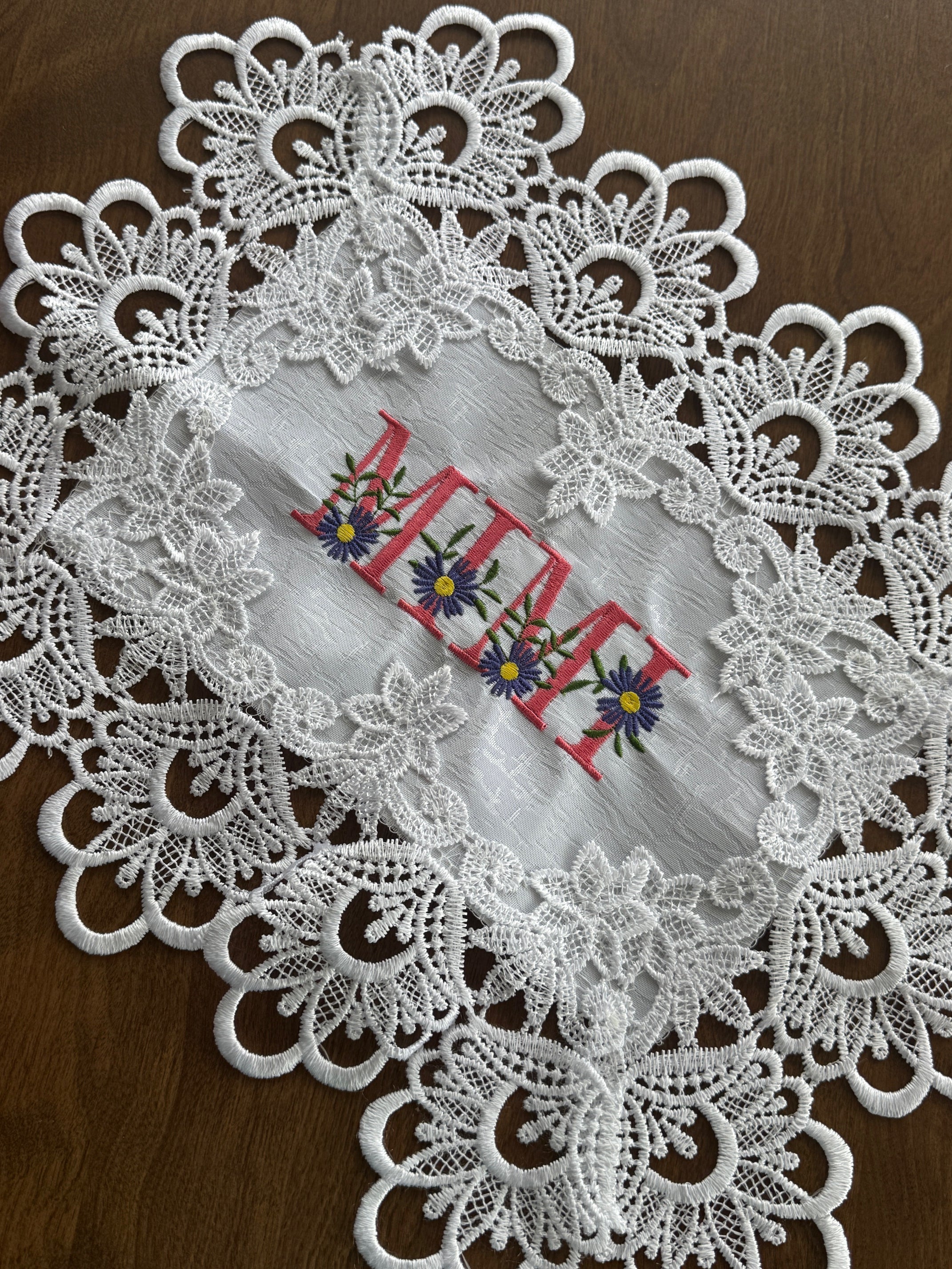 Mimi Doily machine embroidered 16 x 12" Unique Tabletop Decor! Gift for Grandma