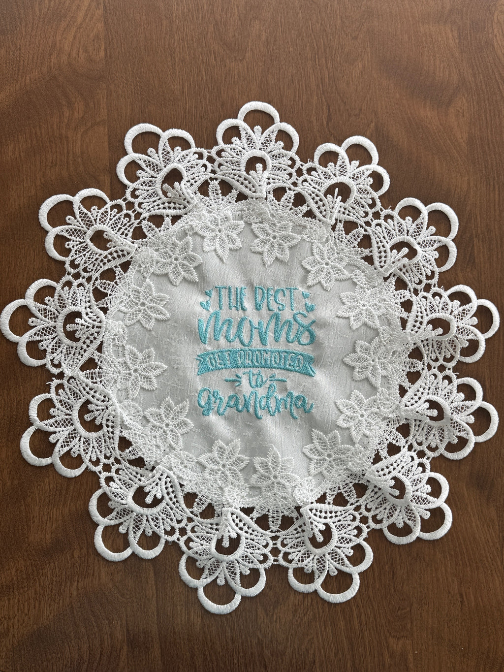 New Grandma machine embroidered 16" white doily! Unique Tabletop Home Decor