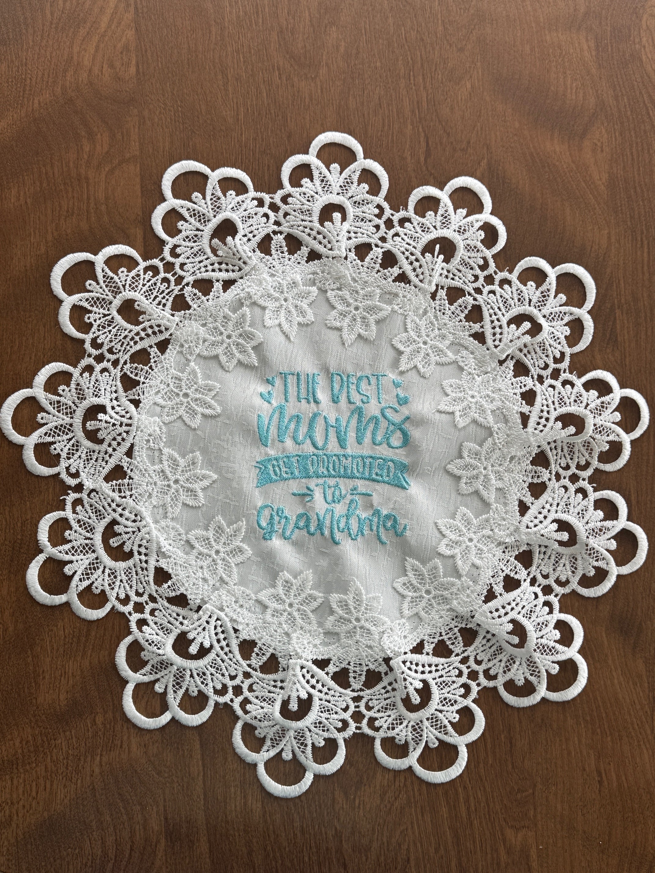 New Grandma machine embroidered 16" white doily! Unique Tabletop Home Decor