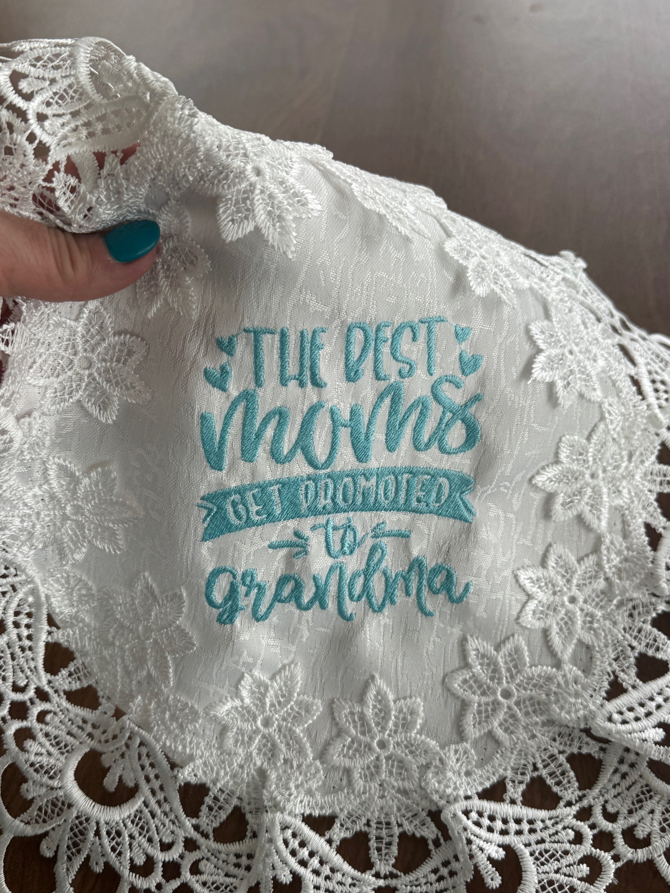 New Grandma machine embroidered 16" white doily! Unique Tabletop Home Decor