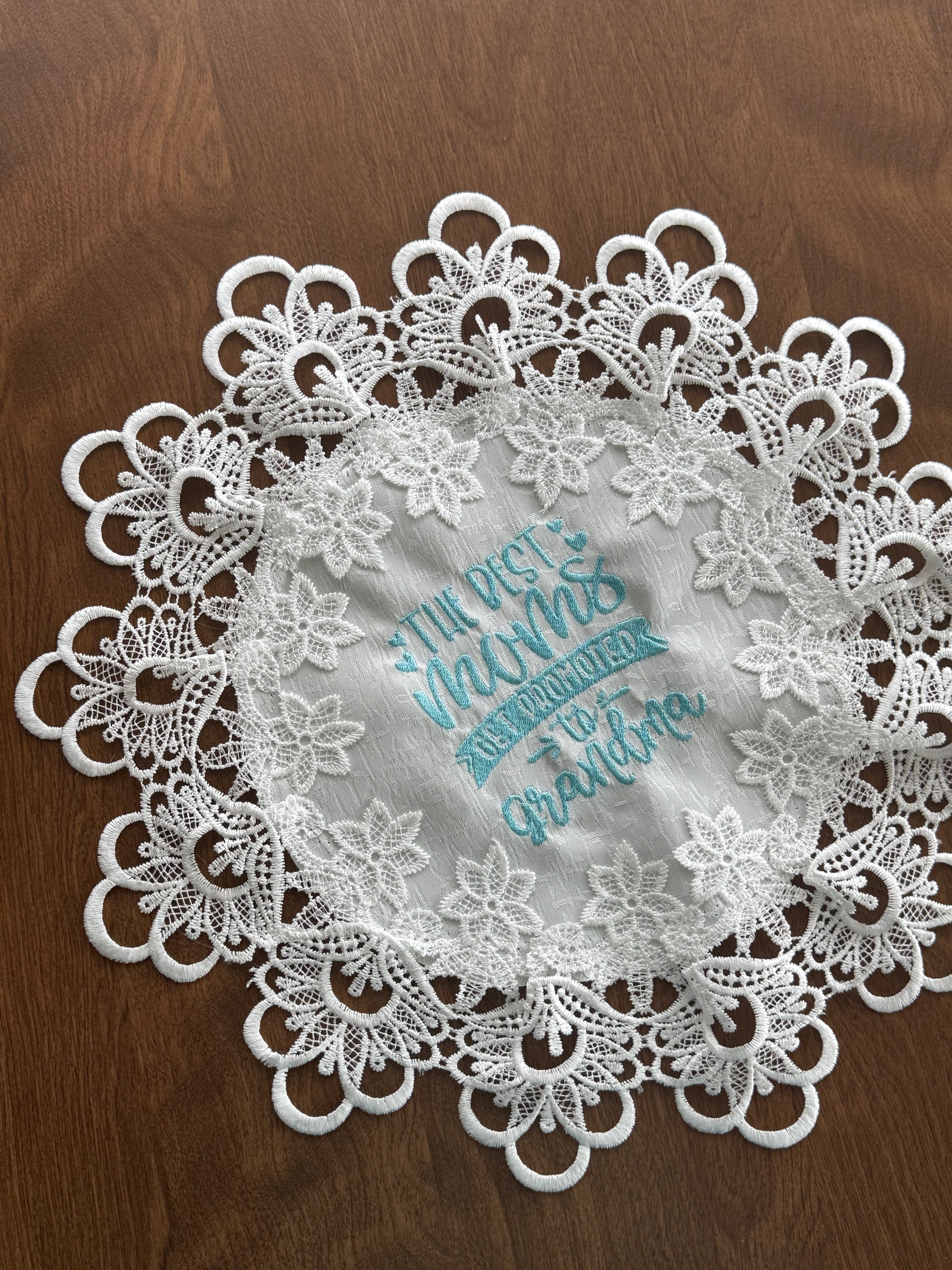 New Grandma machine embroidered 16" white doily! Unique Tabletop Home Decor