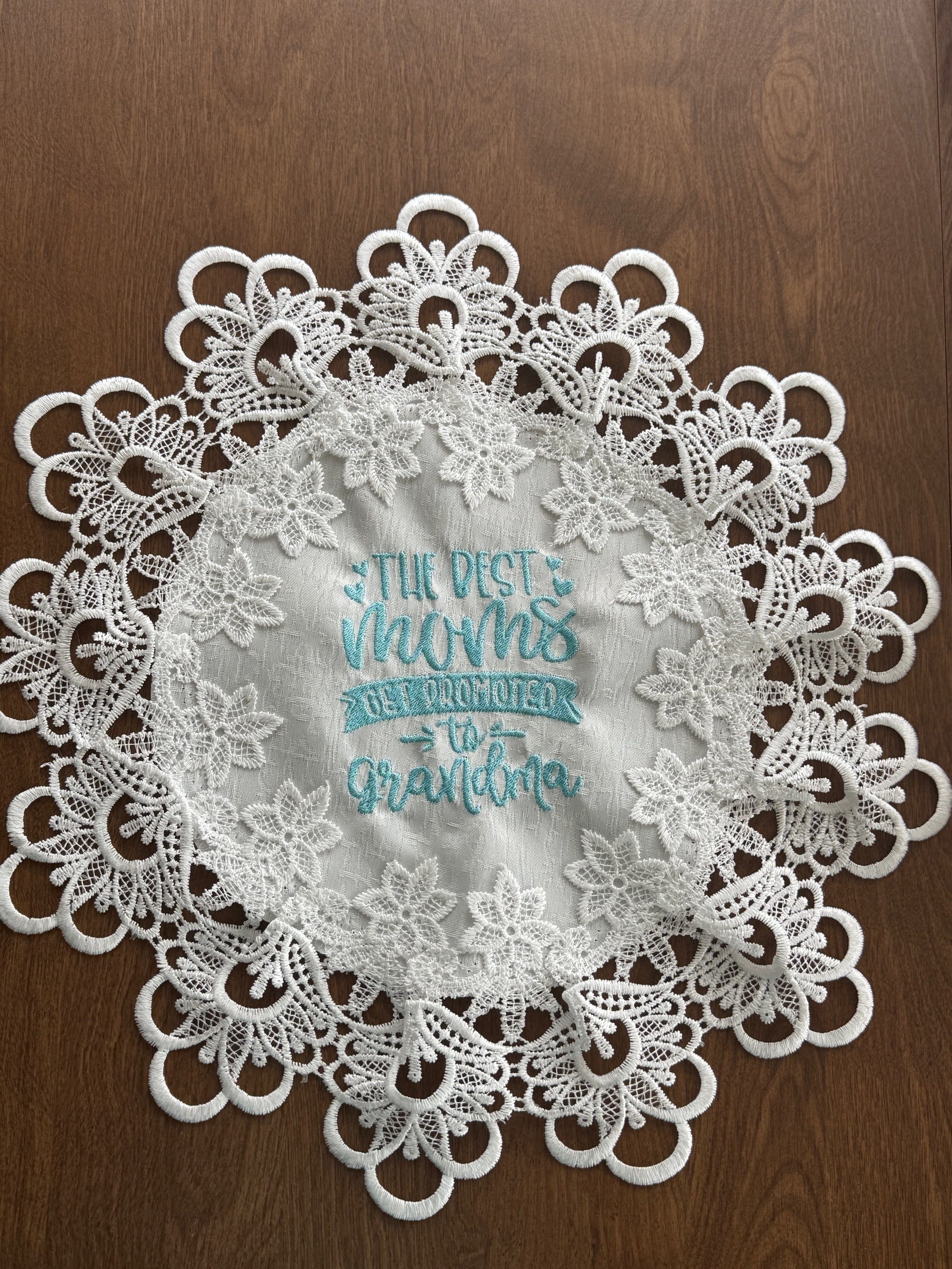 New Grandma machine embroidered 16" white doily! Unique Tabletop Home Decor