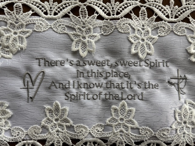 Christian Hymn 'Sweet Sweet Spirit' Machine Embroidered 16 x 12" White Doily
