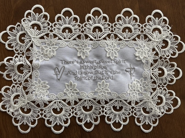 Christian Hymn 'Sweet Sweet Spirit' Machine Embroidered 16 x 12" White Doily