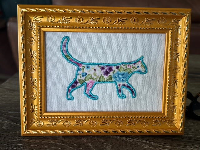 Kitty Cat Beautiful Applique Machine Embroidery Cat in Your Choice of Frame or Kitchen Hand Towel