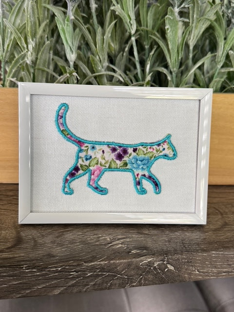 Kitty Cat Beautiful Applique Machine Embroidery Cat in Your Choice of Frame or Kitchen Hand Towel