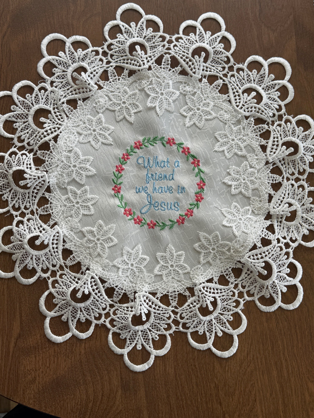 Christian Hymn What a Friend We Have In Jesus and More! Machine Embroidered 16 x 12" White Doily