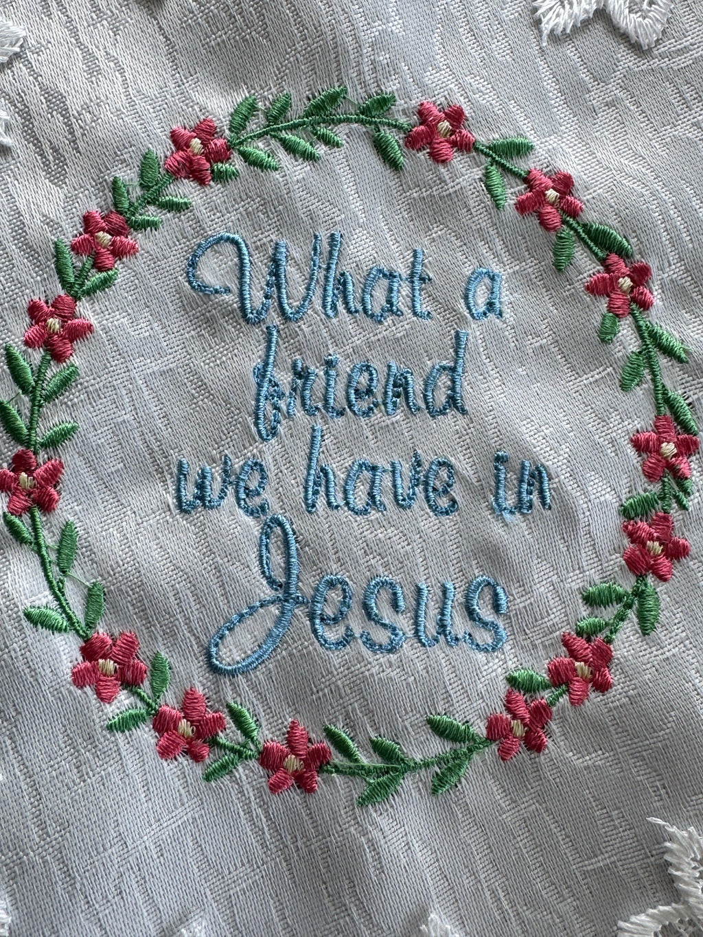 Christian Hymn What a Friend We Have In Jesus and More! Machine Embroidered 16 x 12" White Doily