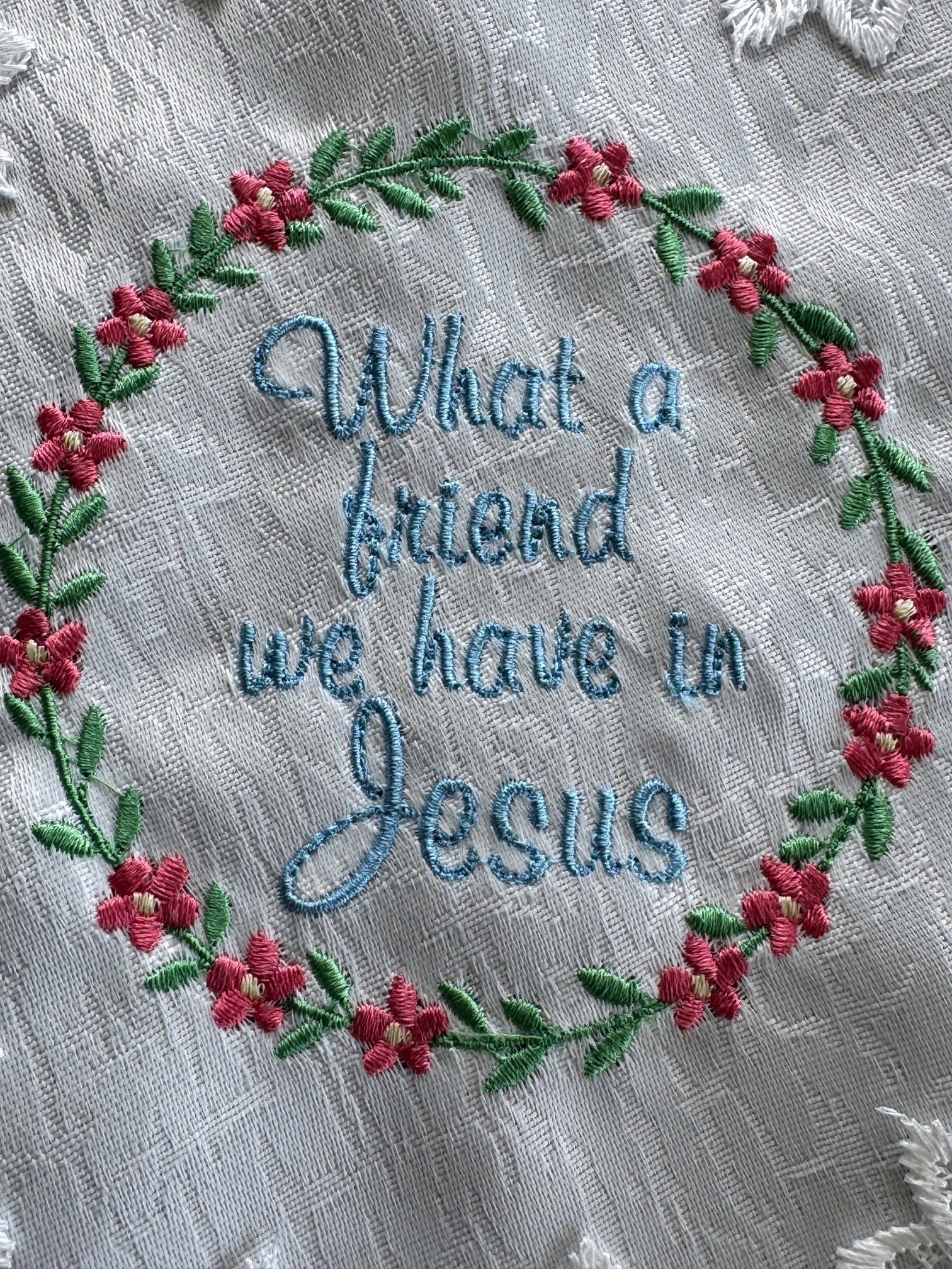Christian Hymn What a Friend We Have In Jesus and More! Machine Embroidered 16 x 12" White Doily