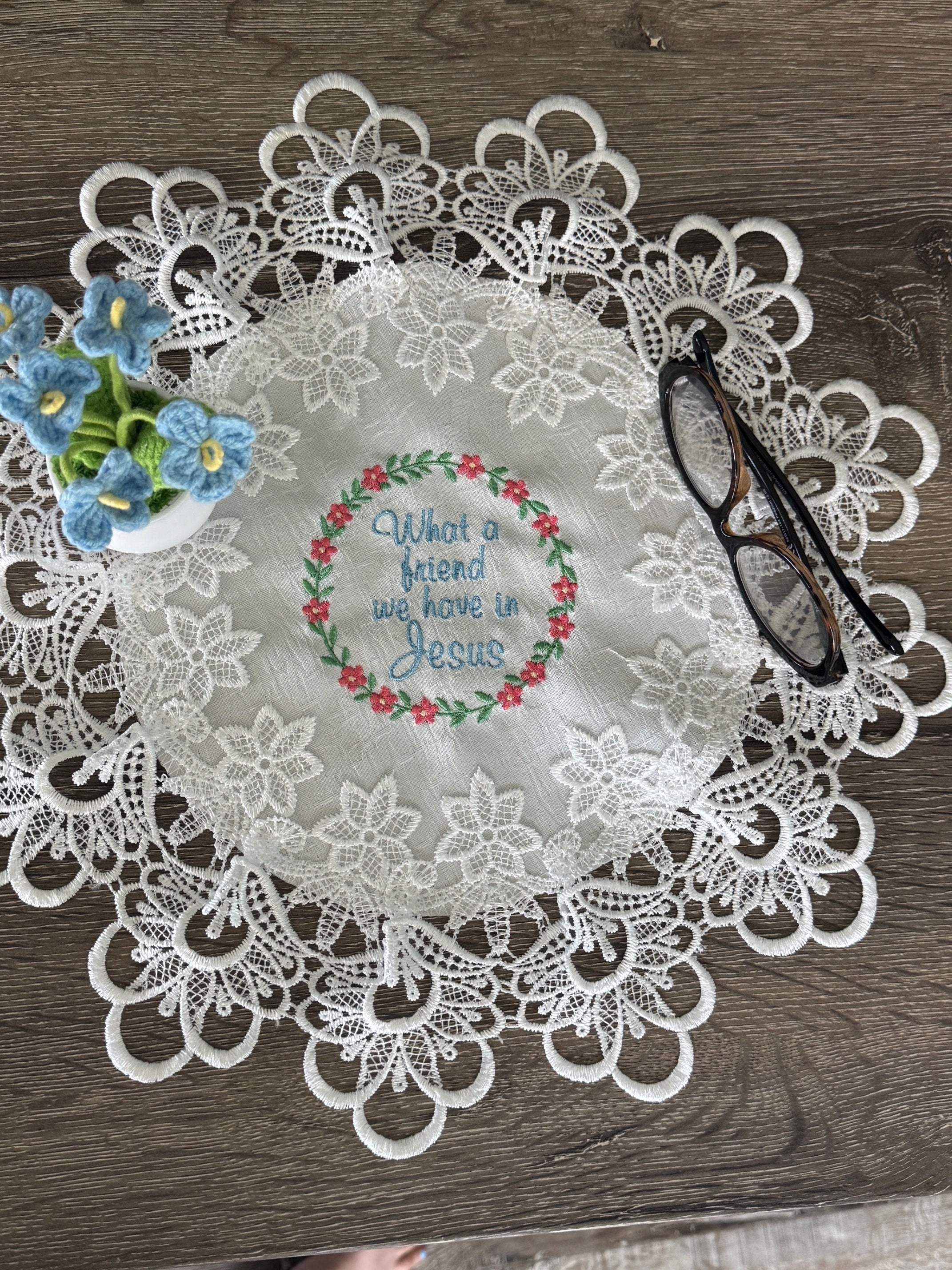 Christian Hymn What a Friend We Have In Jesus and More! Machine Embroidered 16 x 12" White Doily