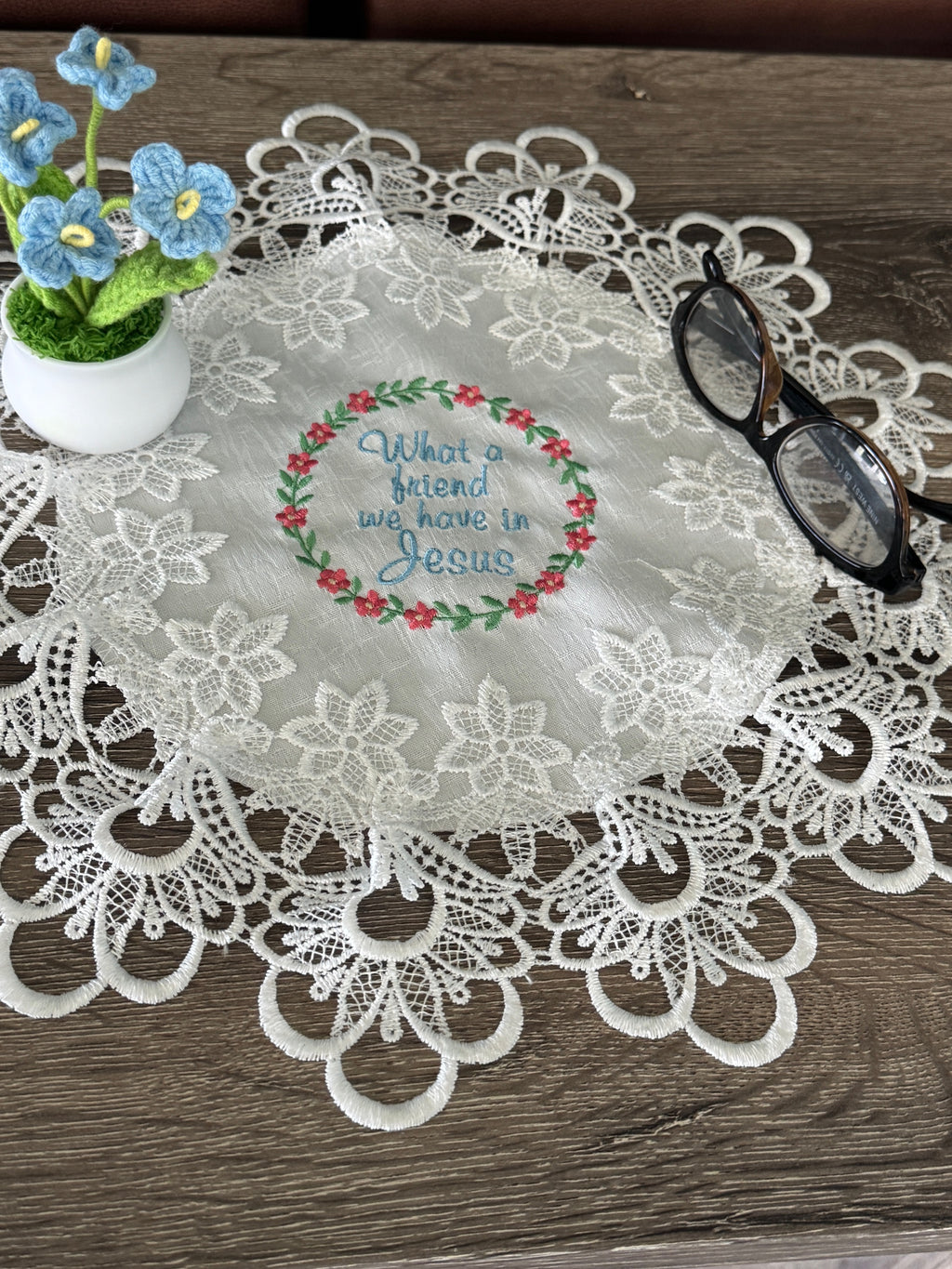 Christian Hymn What a Friend We Have In Jesus and More! Machine Embroidered 16 x 12" White Doily