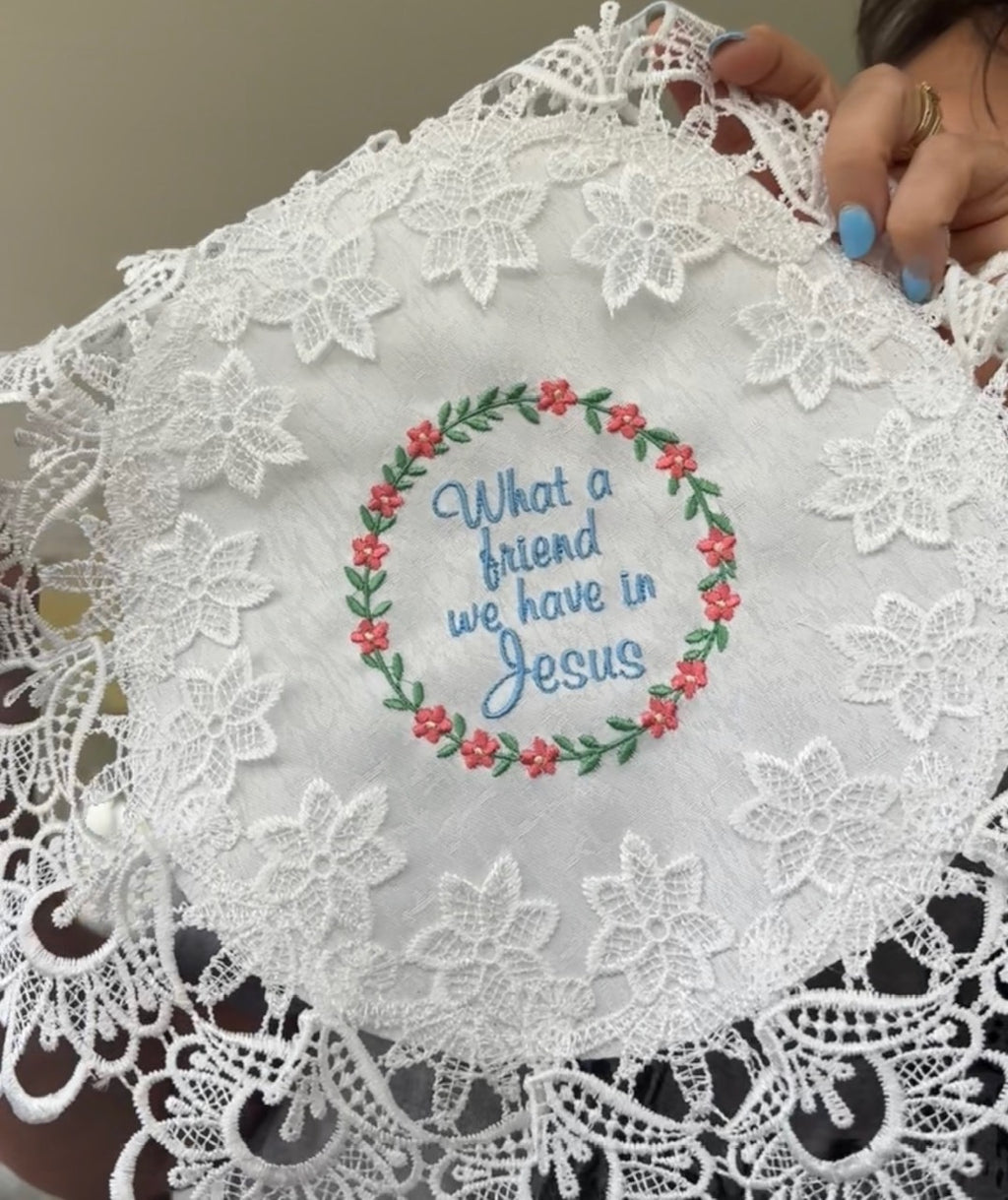 Christian Hymn What a Friend We Have In Jesus and More! Machine Embroidered 16 x 12" White Doily