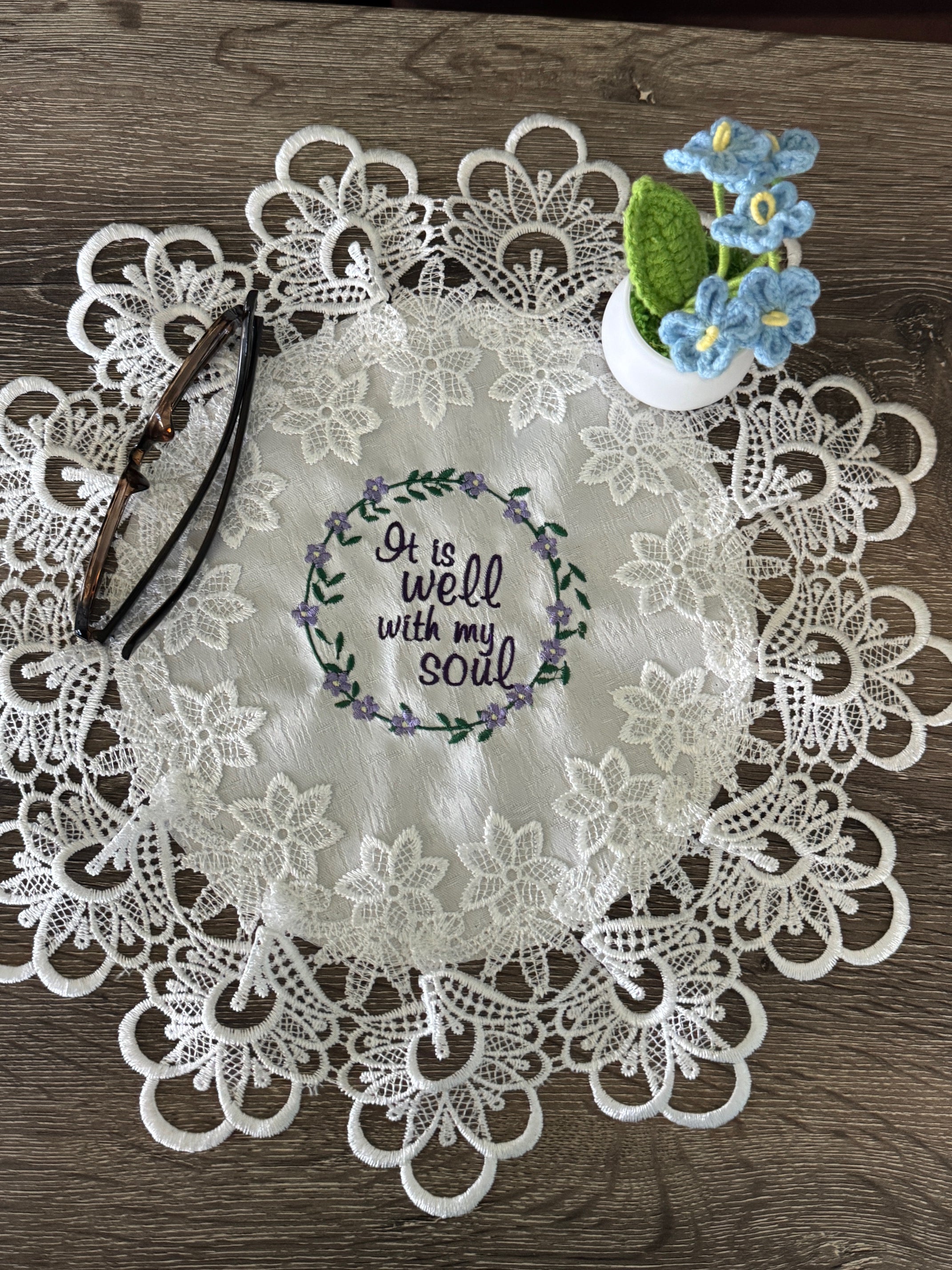 "It Is Well" Machine Embroidered Doily | Christian Hymn Home Decor
