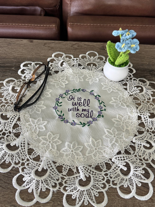 "It Is Well" Machine Embroidered Doily | Christian Hymn Home Decor