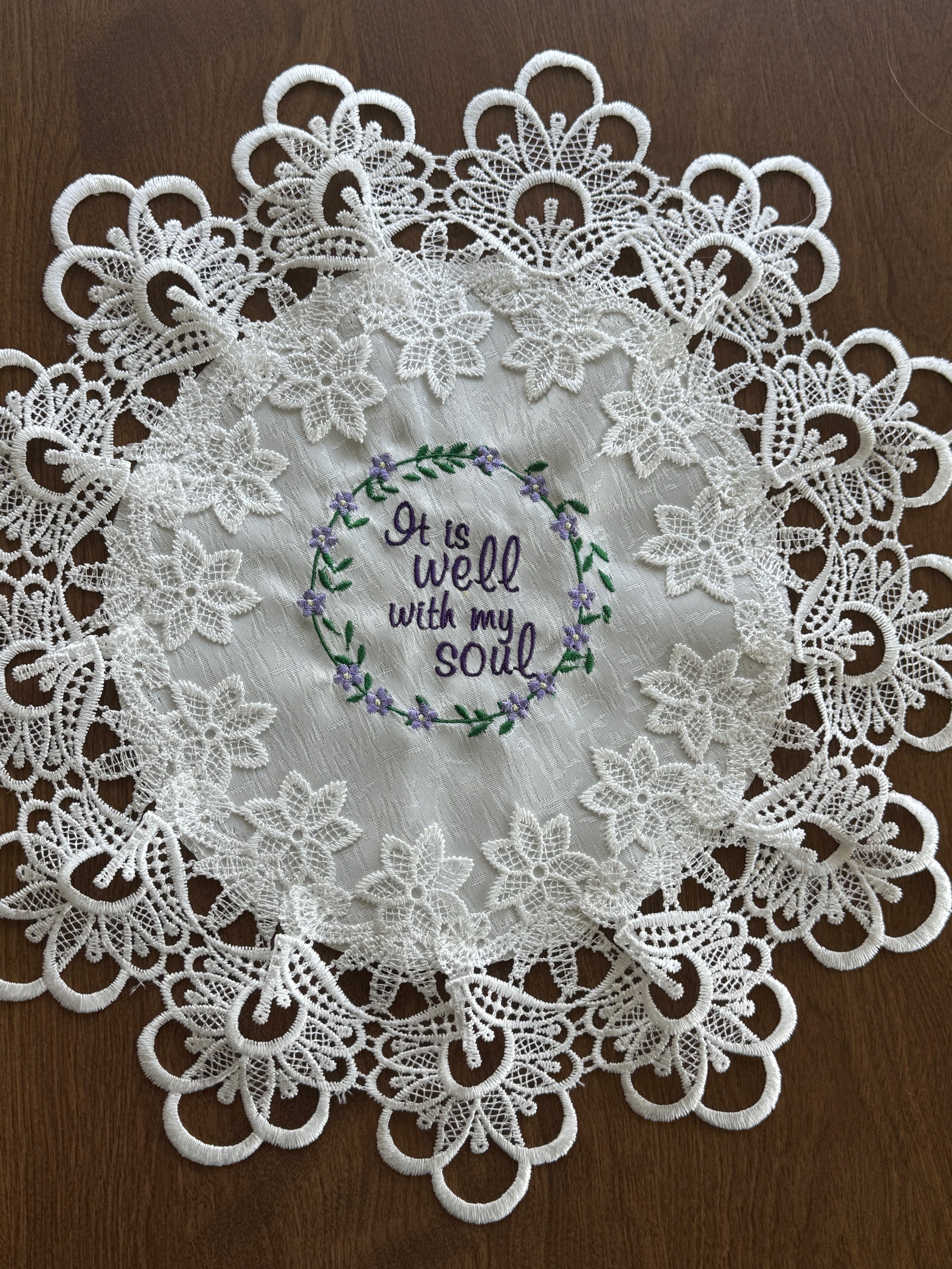"It Is Well" Machine Embroidered Doily | Christian Hymn Home Decor