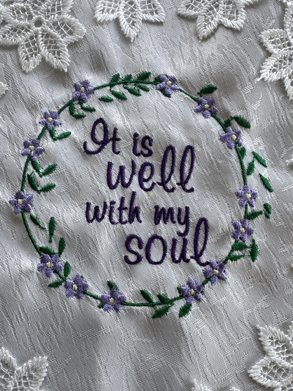 "It Is Well" Machine Embroidered Doily | Christian Hymn Home Decor