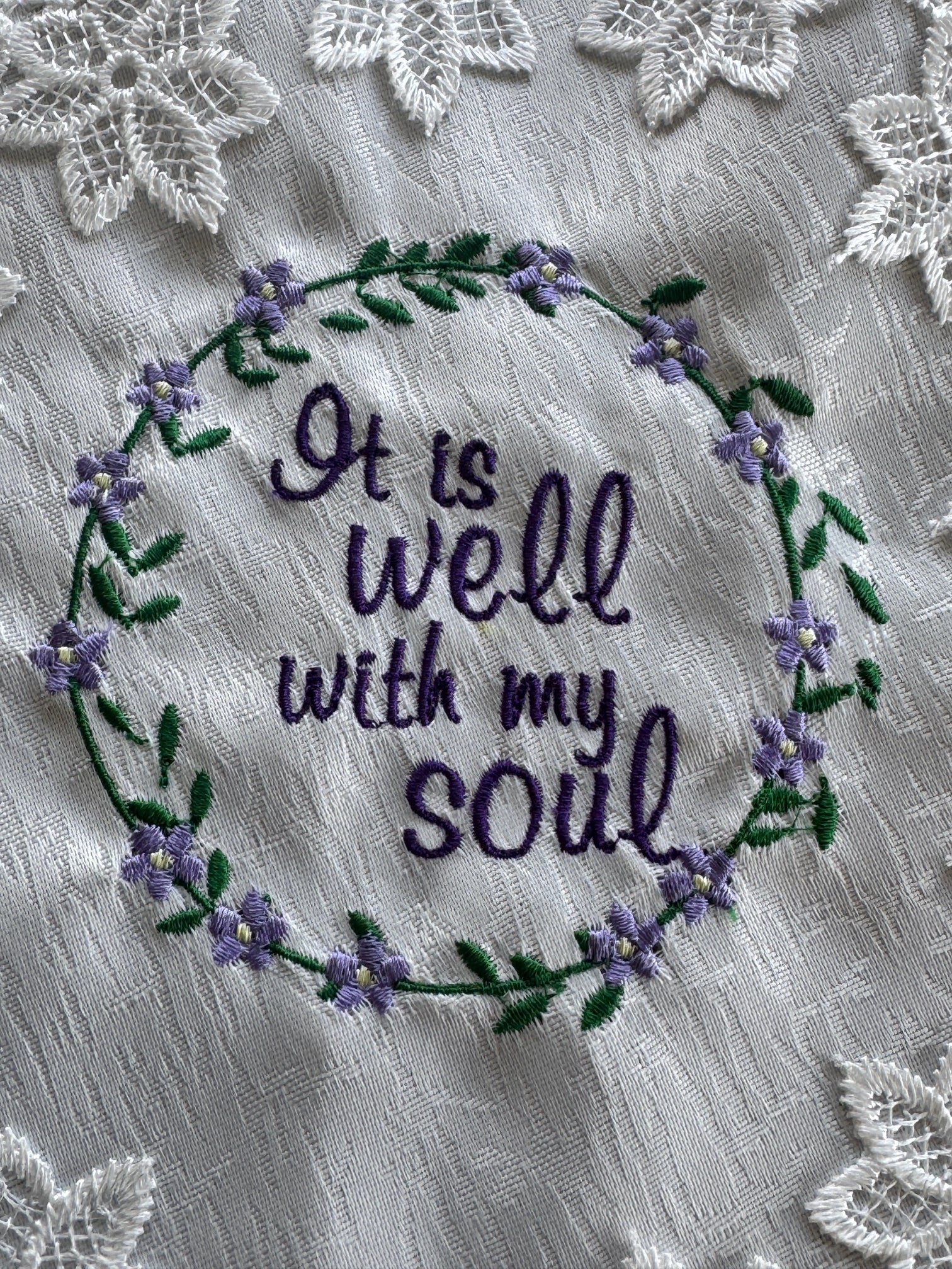"It Is Well" Machine Embroidered Doily | Christian Hymn Home Decor