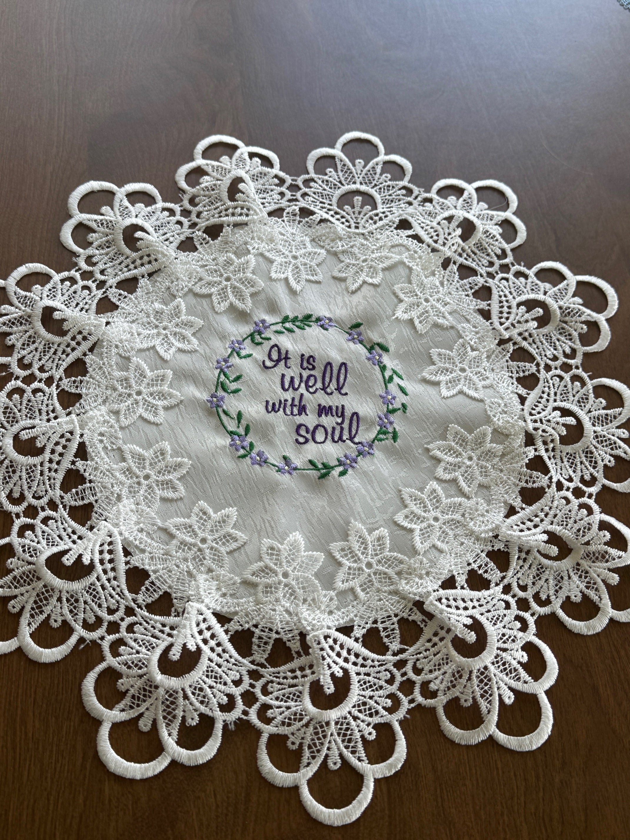 "It Is Well" Machine Embroidered Doily | Christian Hymn Home Decor