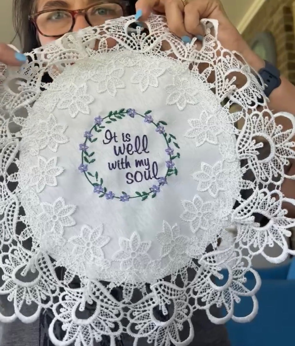 "It Is Well" Machine Embroidered Doily | Christian Hymn Home Decor