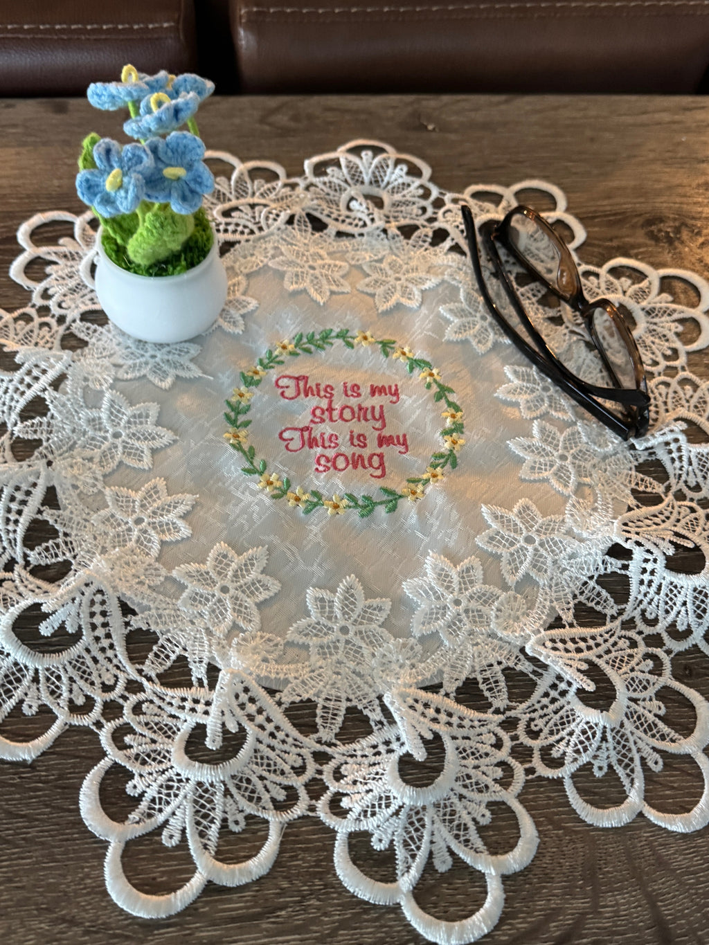 "This Is My Story, This Is My Song" Machine Embroidered Doily | Christian Hymn Decor