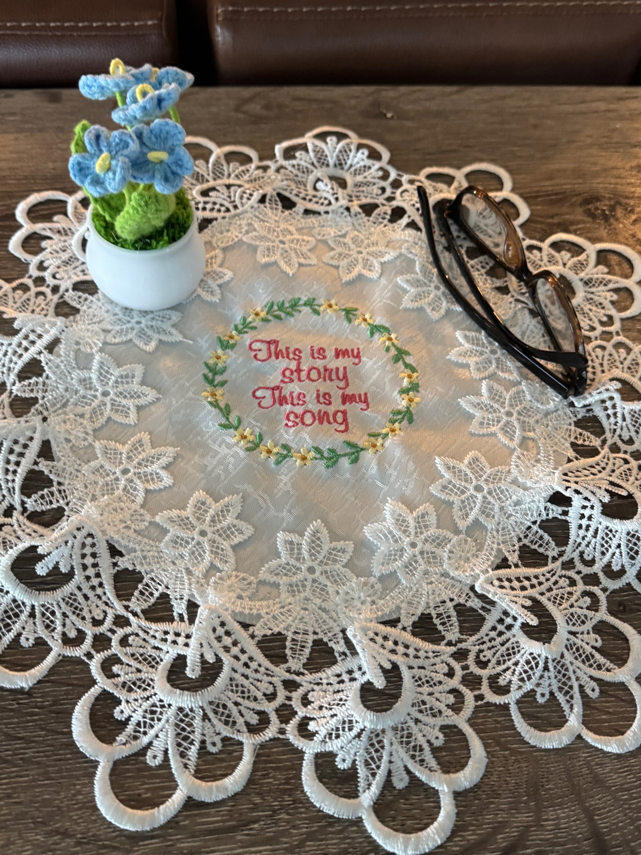 "This Is My Story, This Is My Song" Machine Embroidered Doily | Christian Hymn Decor