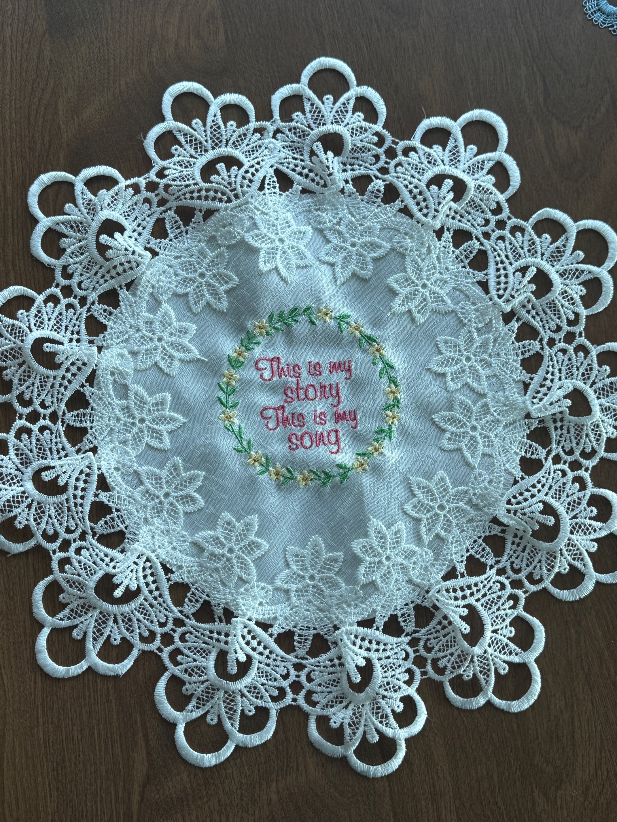 "This Is My Story, This Is My Song" Machine Embroidered Doily | Christian Hymn Decor