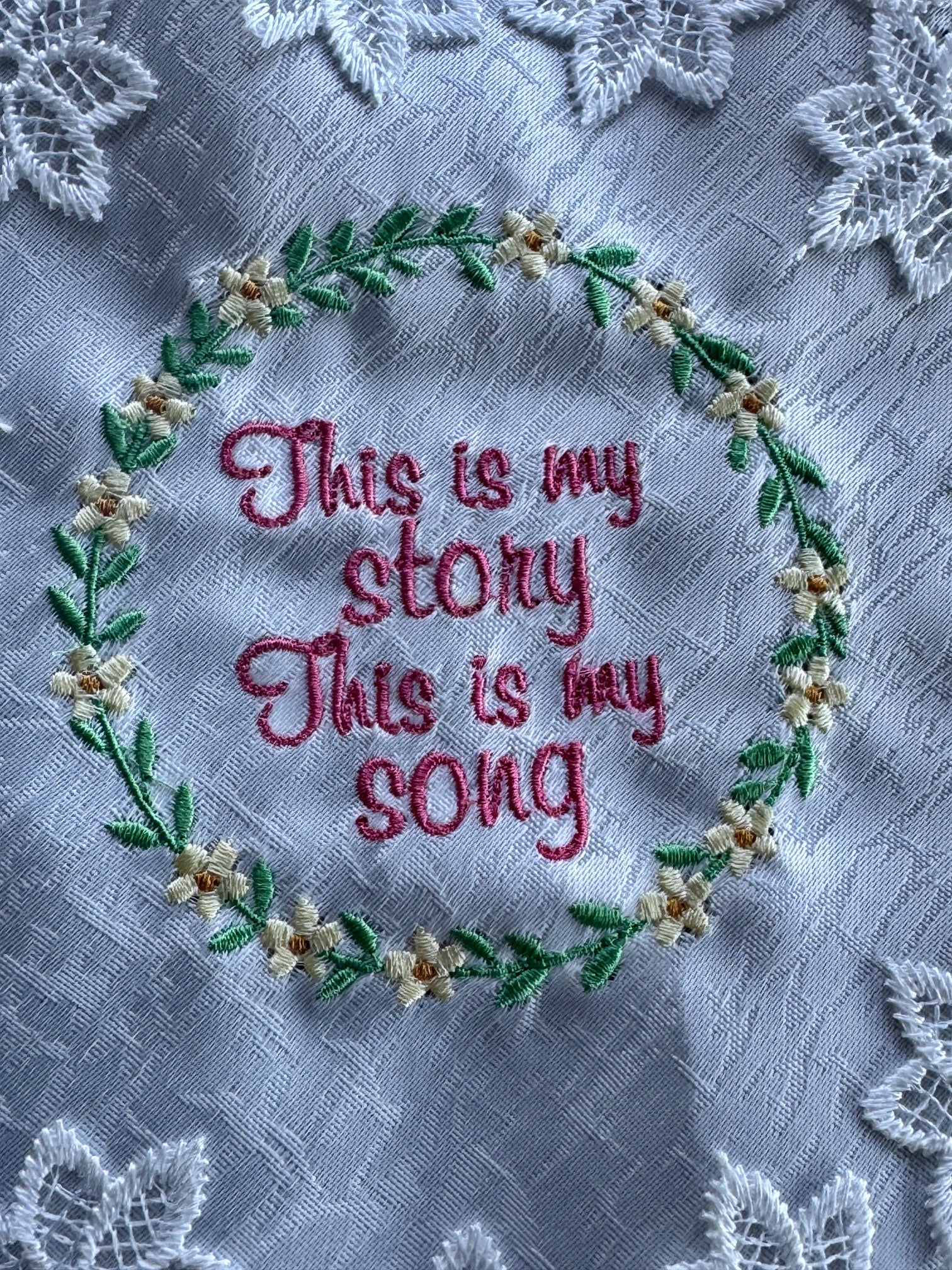 "This Is My Story, This Is My Song" Machine Embroidered Doily | Christian Hymn Decor