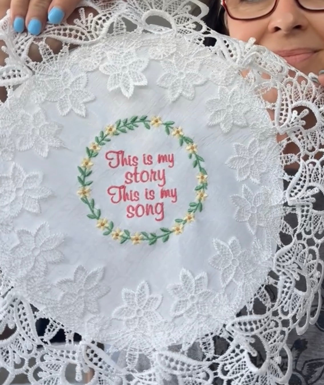 "This Is My Story, This Is My Song" Machine Embroidered Doily | Christian Hymn Decor