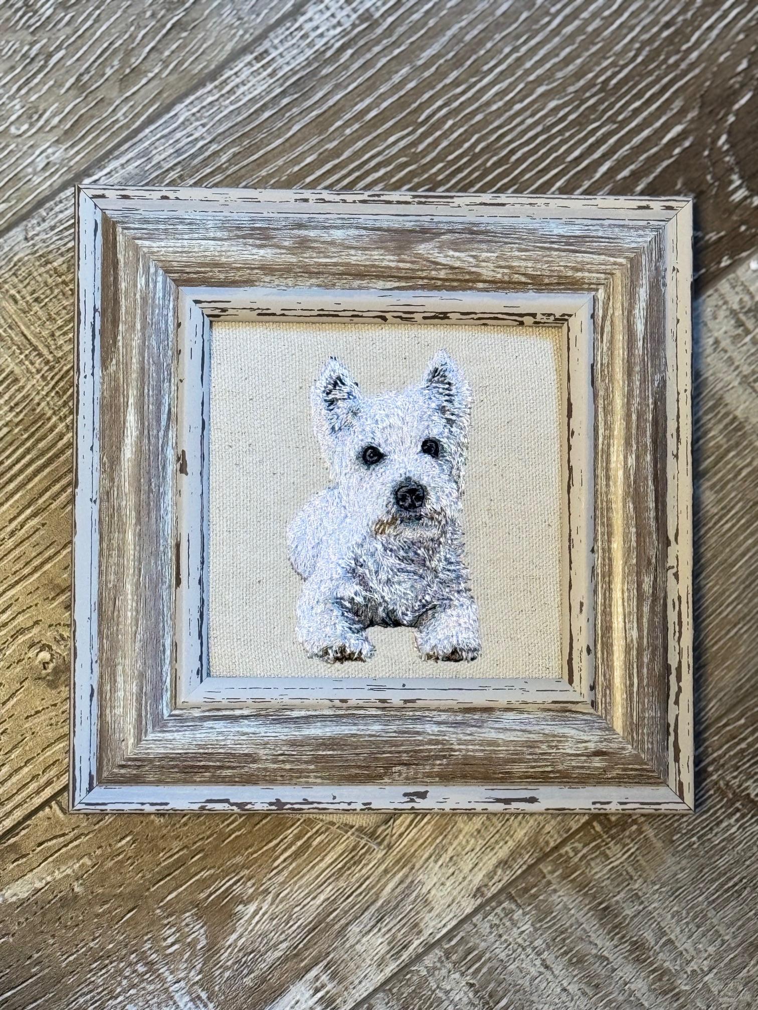 West Highland Terrier Machine Embroidered Framed Art | Tabletop Decor for Home or Office