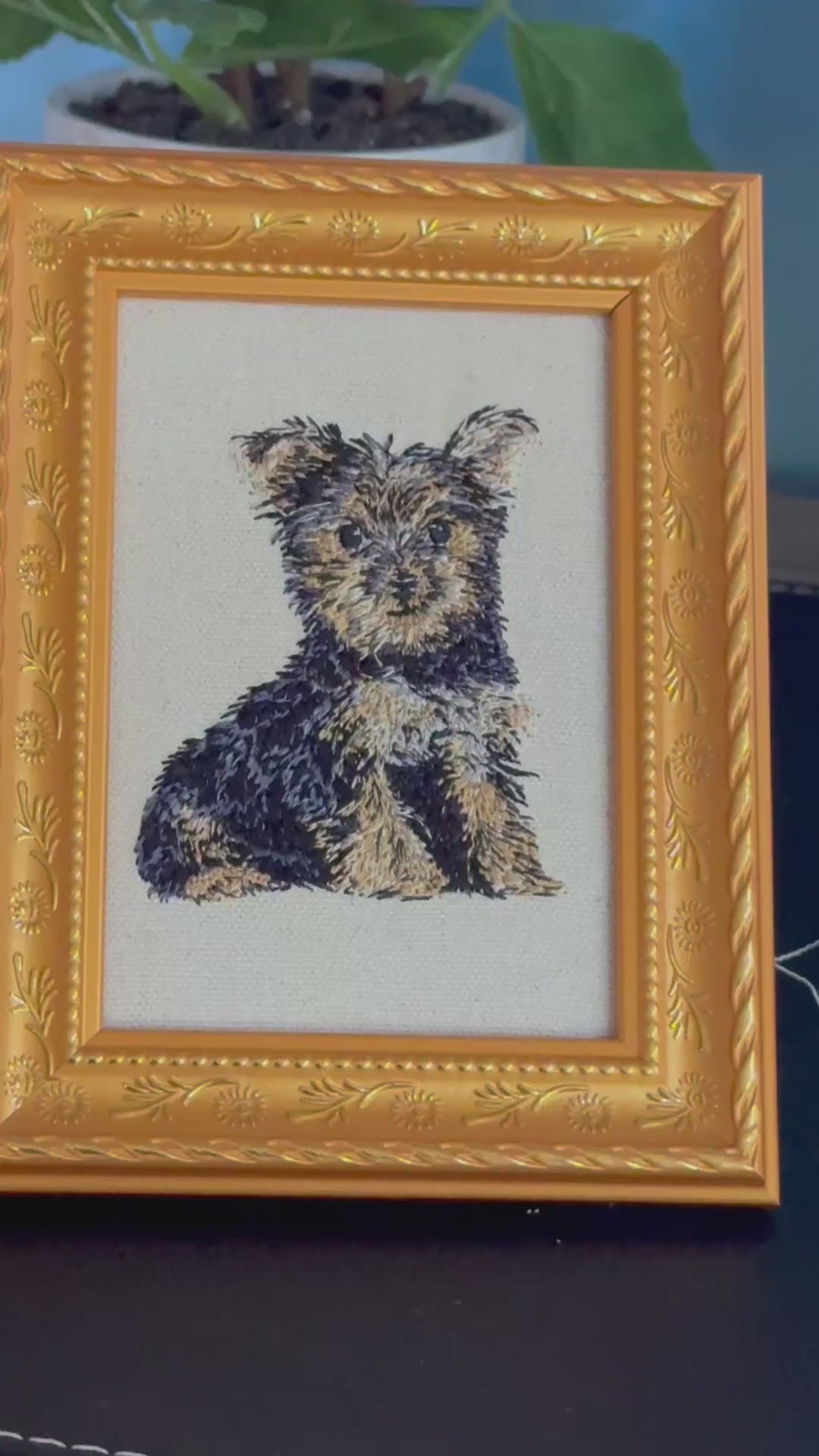 Yorkshire Terrier Yorkie Machine Embroidered Framed Art | Tabletop Decor