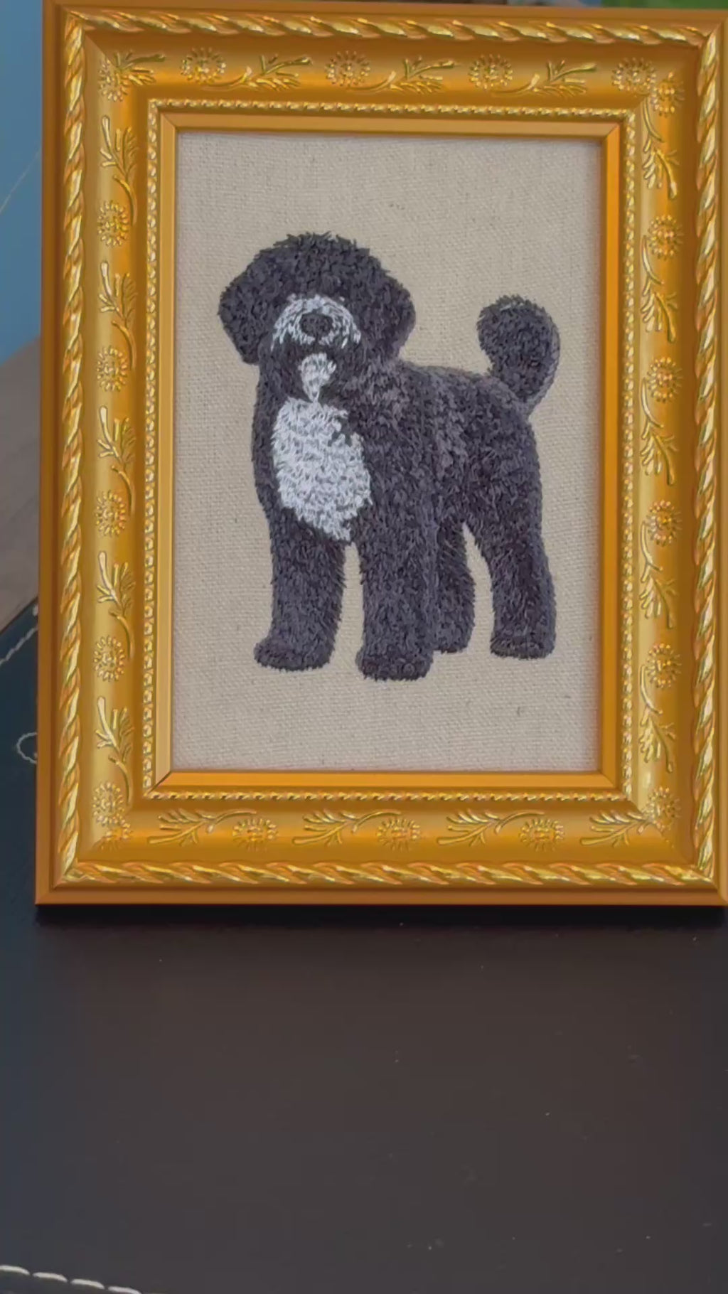 Portuguese Water Dog Labradoodle Machine Embroidered Framed Art | Tabletop Decor for Home or Office
