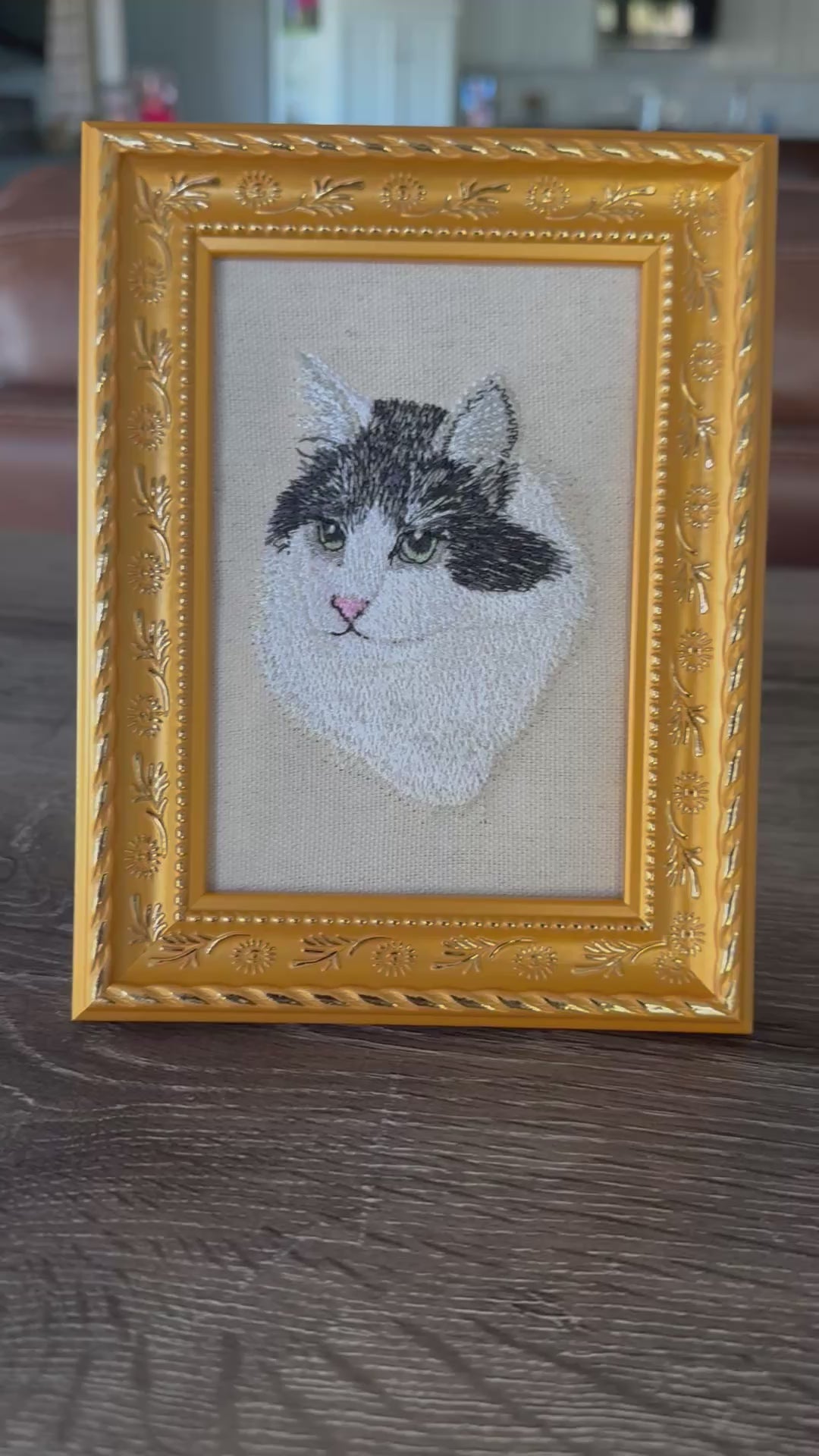 Black & White Cat Machine Embroidered Framed Art | Tabletop Decor
