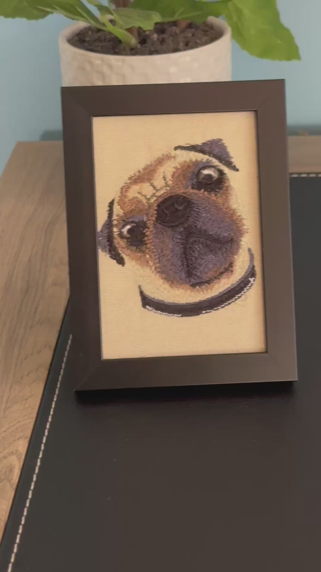 Pug Machine Embroidered Framed Art | Tabletop Decor