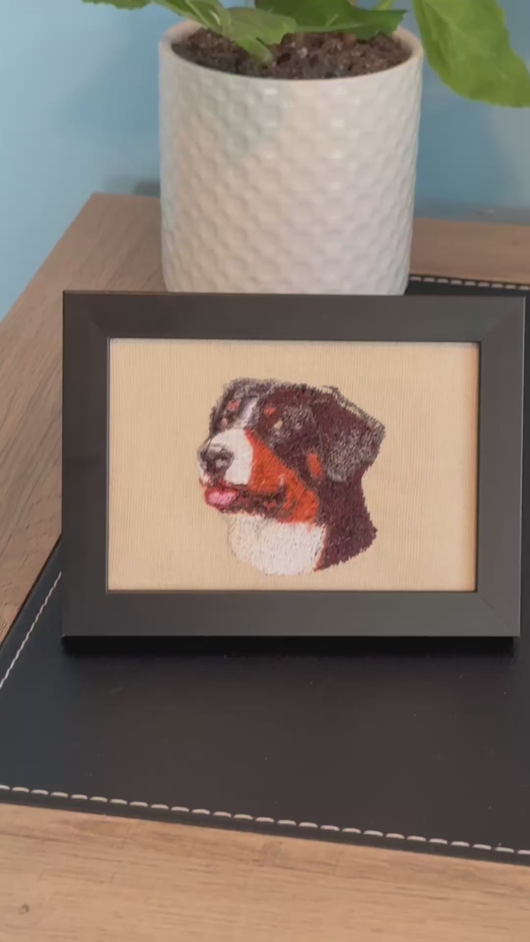 Bernese Mountain Dog Machine Embroidered Framed Art | Tabletop Decor for Home or Office