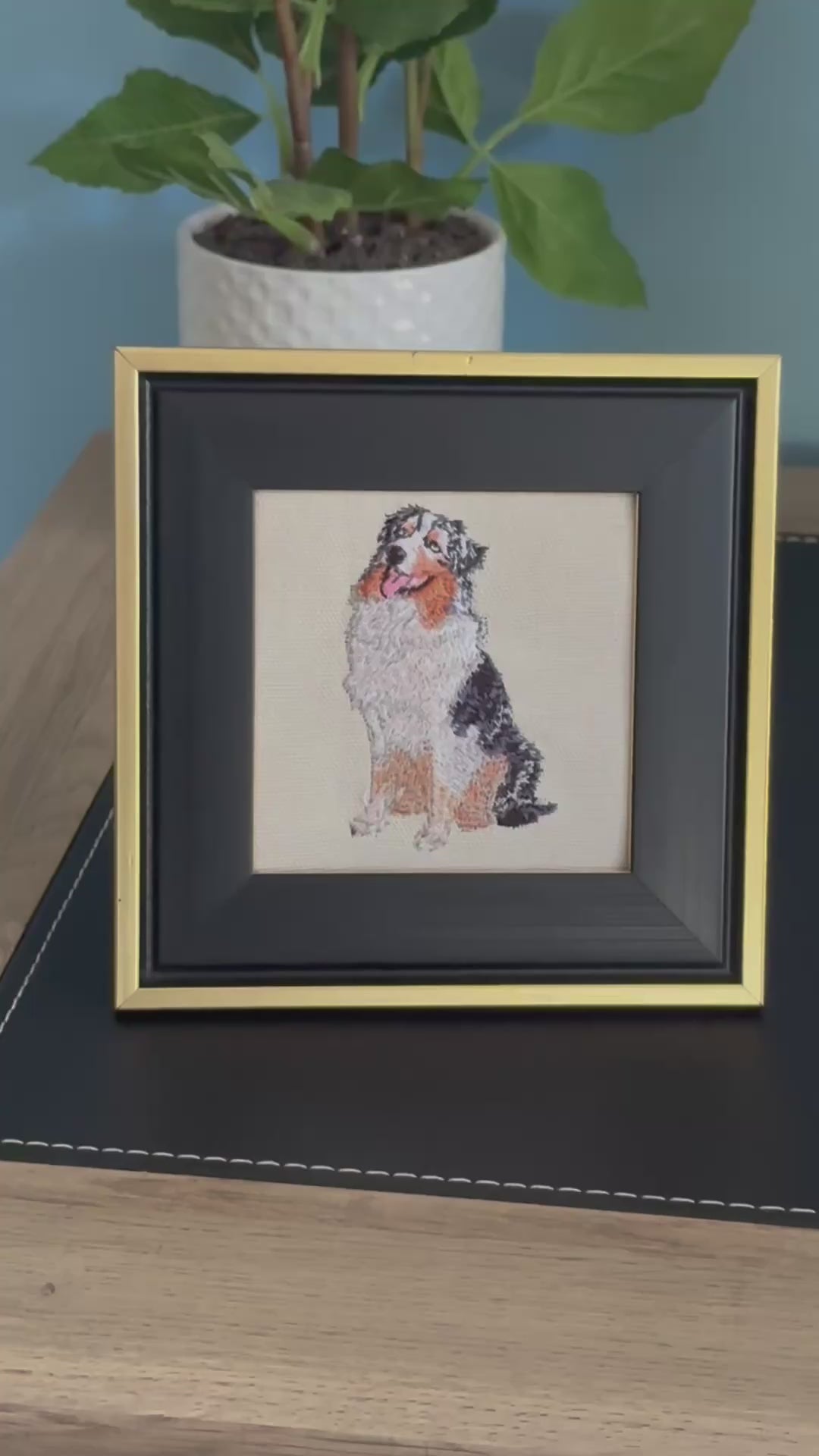 Australian Shepherd Machine Embroidered Framed Art | Tabletop Decor for Home or Office
